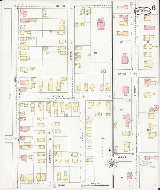 Sanborn Fire Insurance Map from Burlington, Chittenden County, Vermont (1894), Sheet #0006 - Historic Sanborn Fire Insurance Map Print, vintage old map wall art, antique decor, genealogy gift, Vermont Vermont map