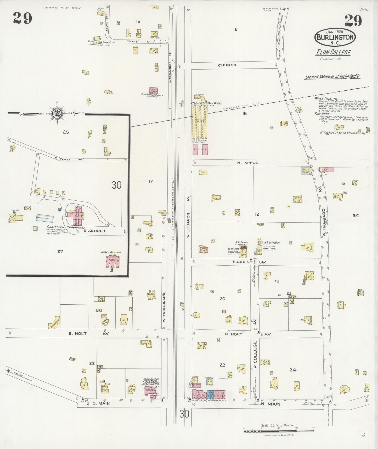 Sanborn Fire Insurance Map from Burlington, Alamance County, North Carolina (1929), Sheet #0029 - Historic Sanborn Fire Insurance Map Print, vintage old map wall art, antique decor, genealogy gift, North Carolina North Carolina map