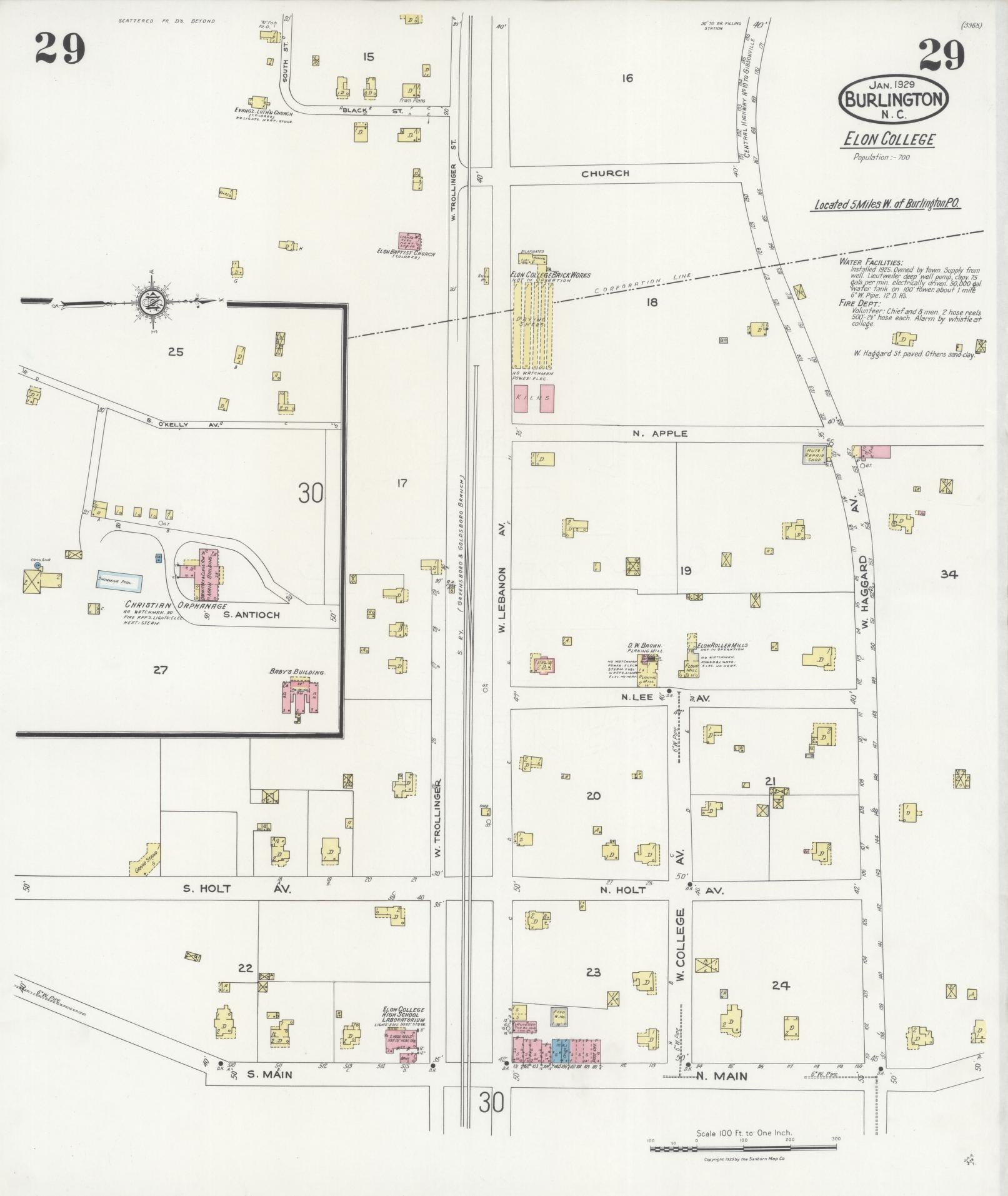 Sanborn Fire Insurance Map from Burlington, Alamance County, North Carolina (1929), Sheet #0029 - Historic Sanborn Fire Insurance Map Print, vintage old map wall art, antique decor, genealogy gift, North Carolina North Carolina map