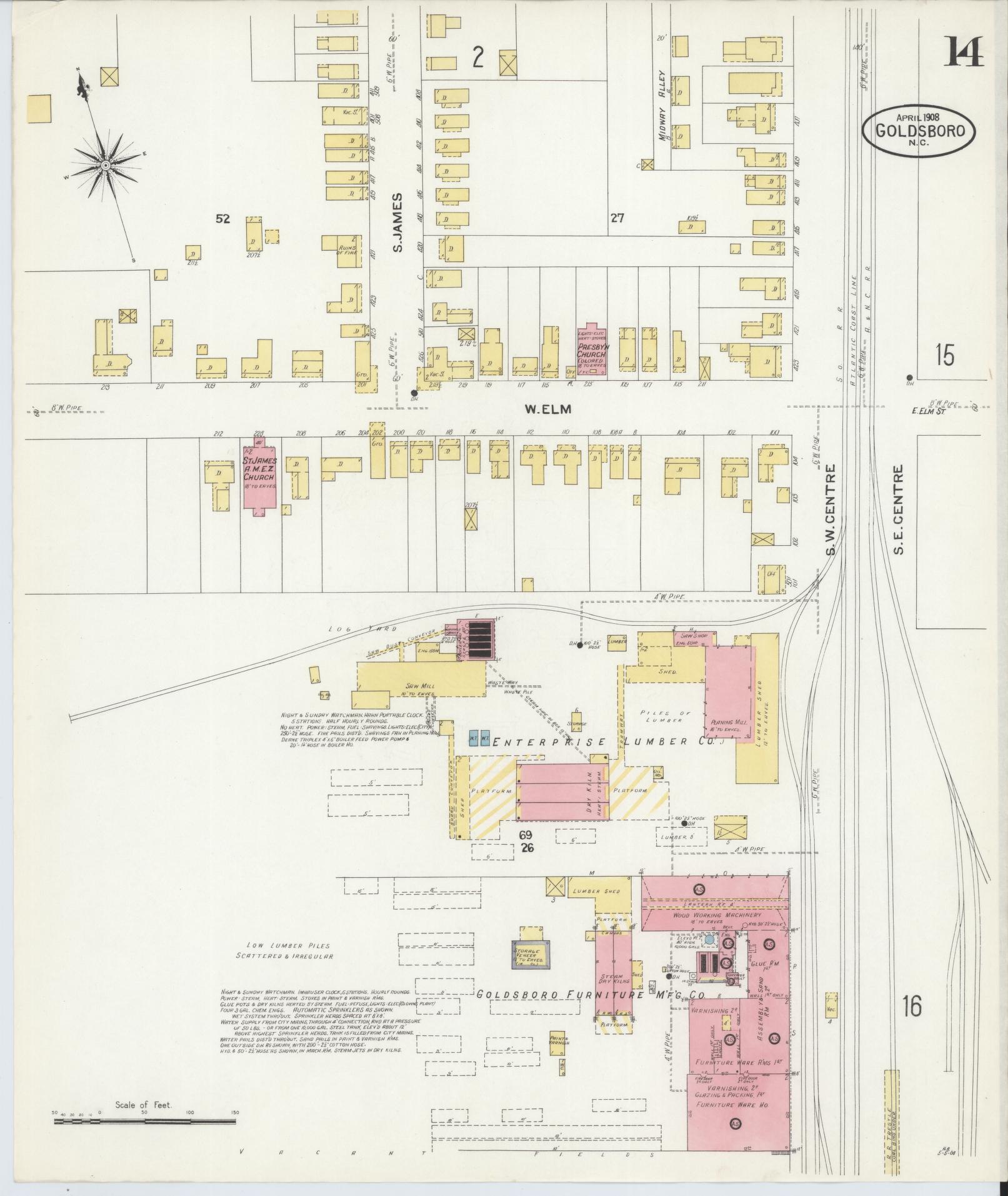 Sanborn Fire Insurance Map from Goldsboro, Wayne County, North Carolina (1908), Sheet #0014 - Historic Sanborn Fire Insurance Map Print, vintage old map wall art, antique decor, genealogy gift, North Carolina North Carolina map