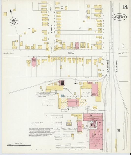 Sanborn Fire Insurance Map from Goldsboro, Wayne County, North Carolina (1908), Sheet #0014 - Historic Sanborn Fire Insurance Map Print, vintage old map wall art, antique decor, genealogy gift, North Carolina North Carolina map