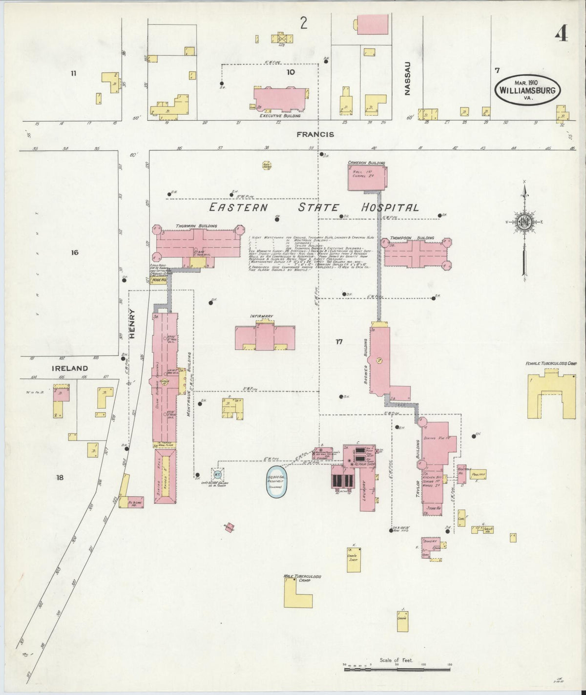 Sanborn Fire Insurance Map from Williamsburg, Independent Cities, Virginia (1910), Sheet #0004 - Historic Sanborn Fire Insurance Map Print, vintage old map wall art, antique decor, genealogy gift, Virginia Virginia map