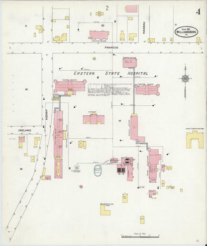 Sanborn Fire Insurance Map from Williamsburg, Independent Cities, Virginia (1910), Sheet #0004 - Historic Sanborn Fire Insurance Map Print, vintage old map wall art, antique decor, genealogy gift, Virginia Virginia map