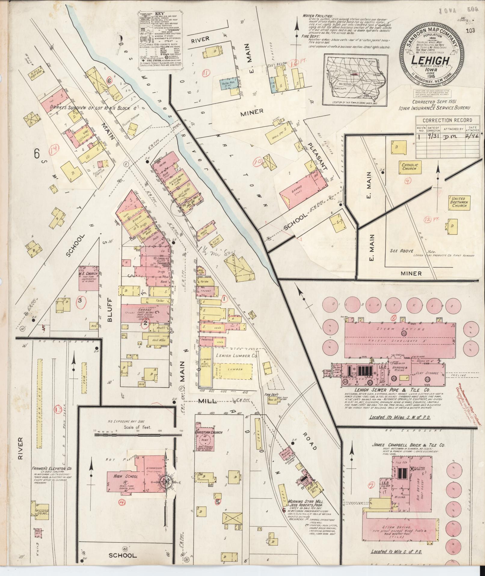 Sanborn Fire Insurance Map from Lehigh, Webster County, Iowa (1931), Sheet #0001 - Historic Sanborn Fire Insurance Map Print, vintage old map wall art
