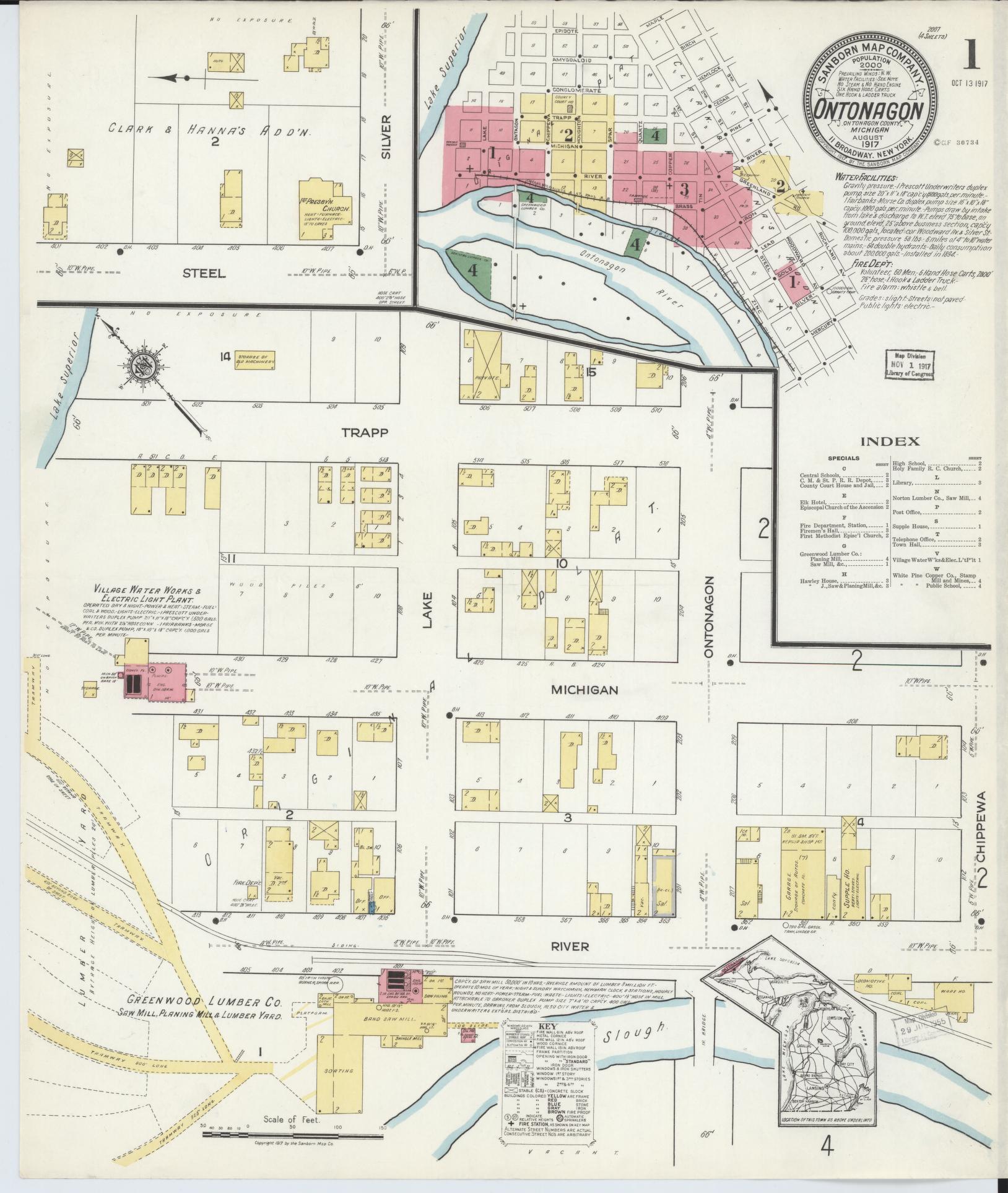 Sanborn Fire Insurance Map from Ontonagon, Ontonagon County, Michigan (1917), Sheet #0001 - Complete Map Set gallery image, historic Sanborn map, vintage wall art, Michigan Michigan