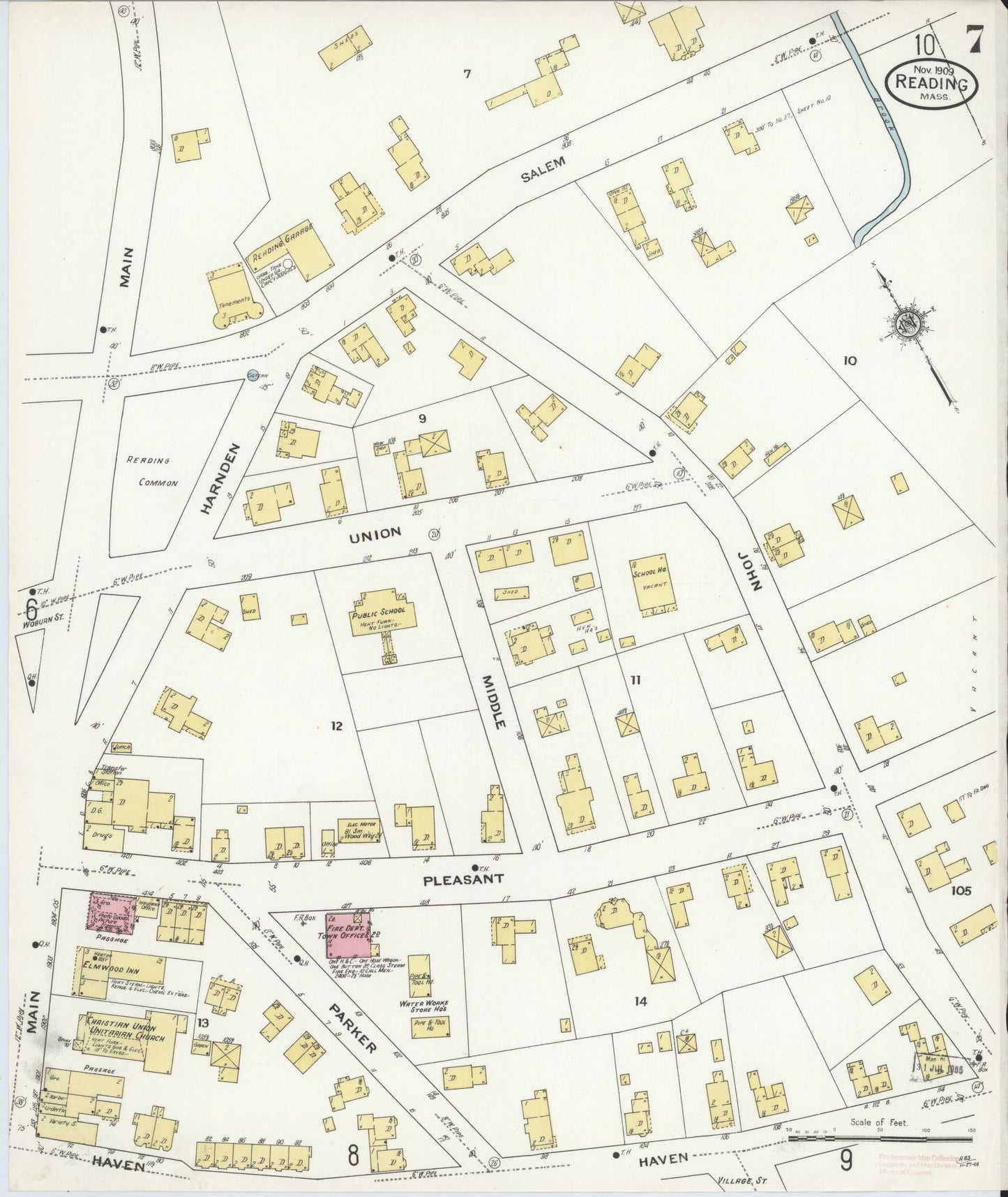 Sanborn Fire Insurance Map from Reading, Middlesex County, Massachusetts (1909), Sheet #0007 - Complete Map Set gallery image, historic Sanborn map, vintage wall art, Massachusetts Massachusetts