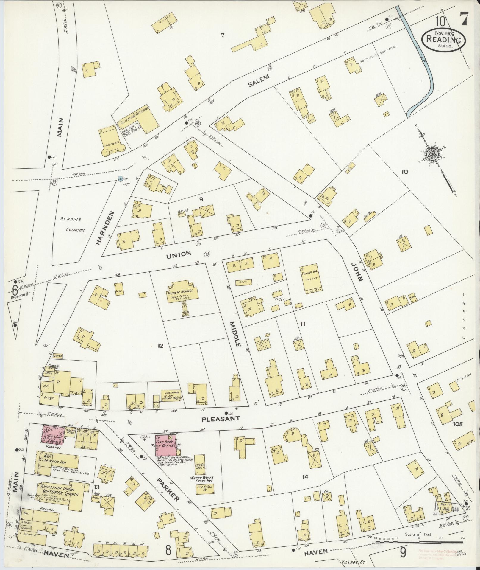 Sanborn Fire Insurance Map from Reading, Middlesex County, Massachusetts (1909), Sheet #0007 - Complete Map Set gallery image, historic Sanborn map, vintage wall art, Massachusetts Massachusetts