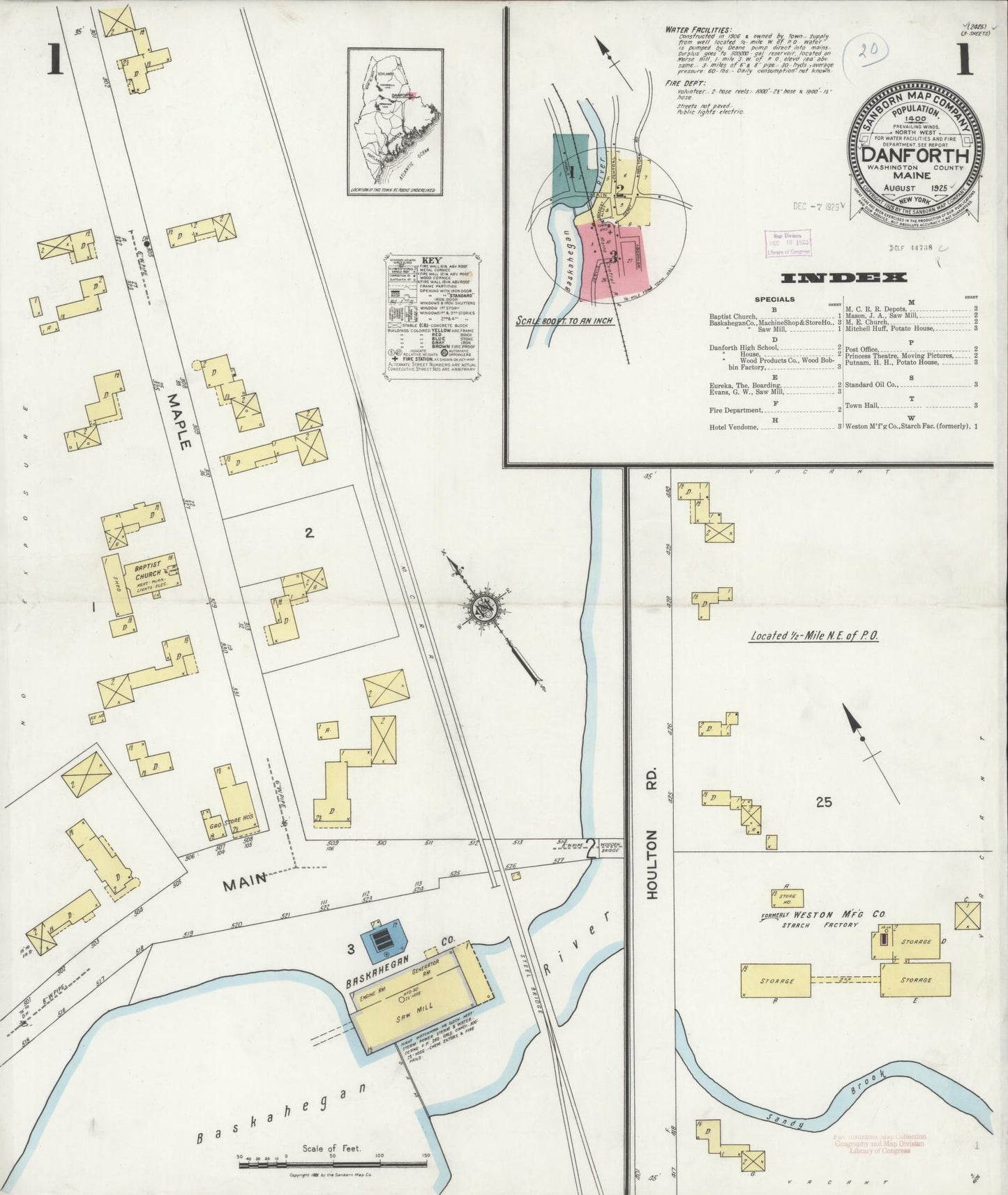Sanborn Fire Insurance Map from Danforth, Washignton County, Maine (1925), Sheet #0001 - Historic Sanborn Fire Insurance Map Print, vintage old map wall art, antique decor, genealogy gift, Maine Maine map
