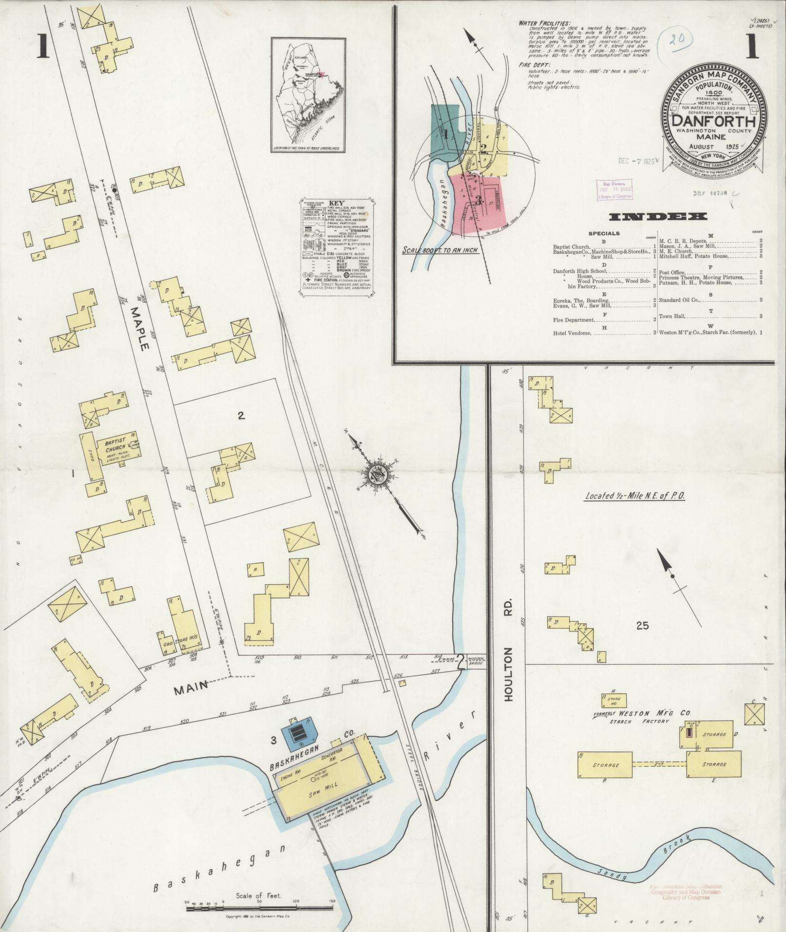 Sanborn Fire Insurance Map from Danforth, Washignton County, Maine (1925), Sheet #0001 - Historic Sanborn Fire Insurance Map Print, vintage old map wall art, antique decor, genealogy gift, Maine Maine map