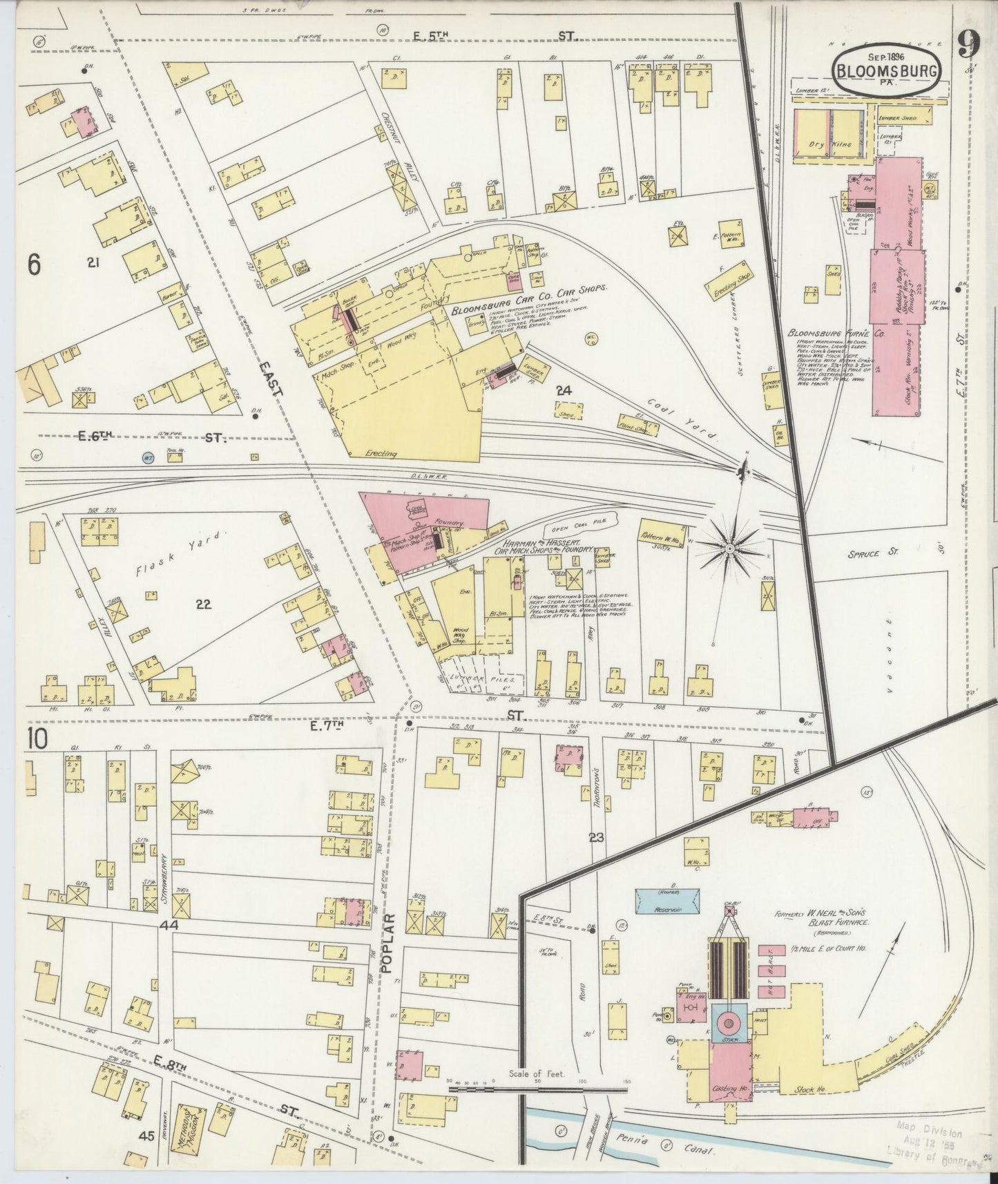 Sanborn Fire Insurance Map from Bloomsburg, Columbia County, Pennsylvania (1896), Sheet #0009 - Historic Sanborn Fire Insurance Map Print, vintage old map wall art, antique decor, genealogy gift, Pennsylvania Pennsylvania map