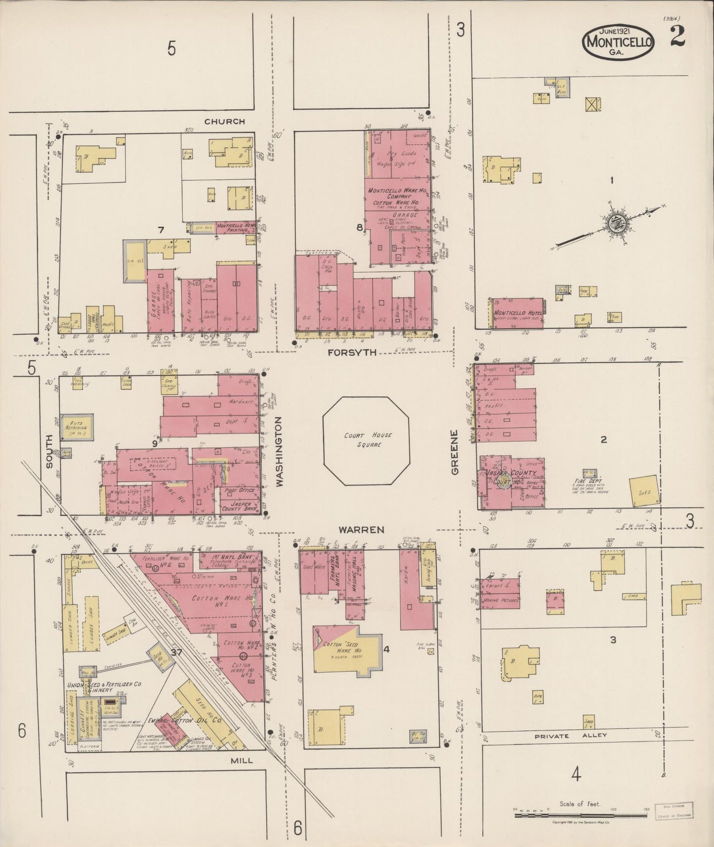 Sanborn Fire Insurance Map from Monticello, Jasper County, Georgia (1921), Sheet #0002 - Complete Map Set gallery image, historic Sanborn map, vintage wall art, Georgia Georgia