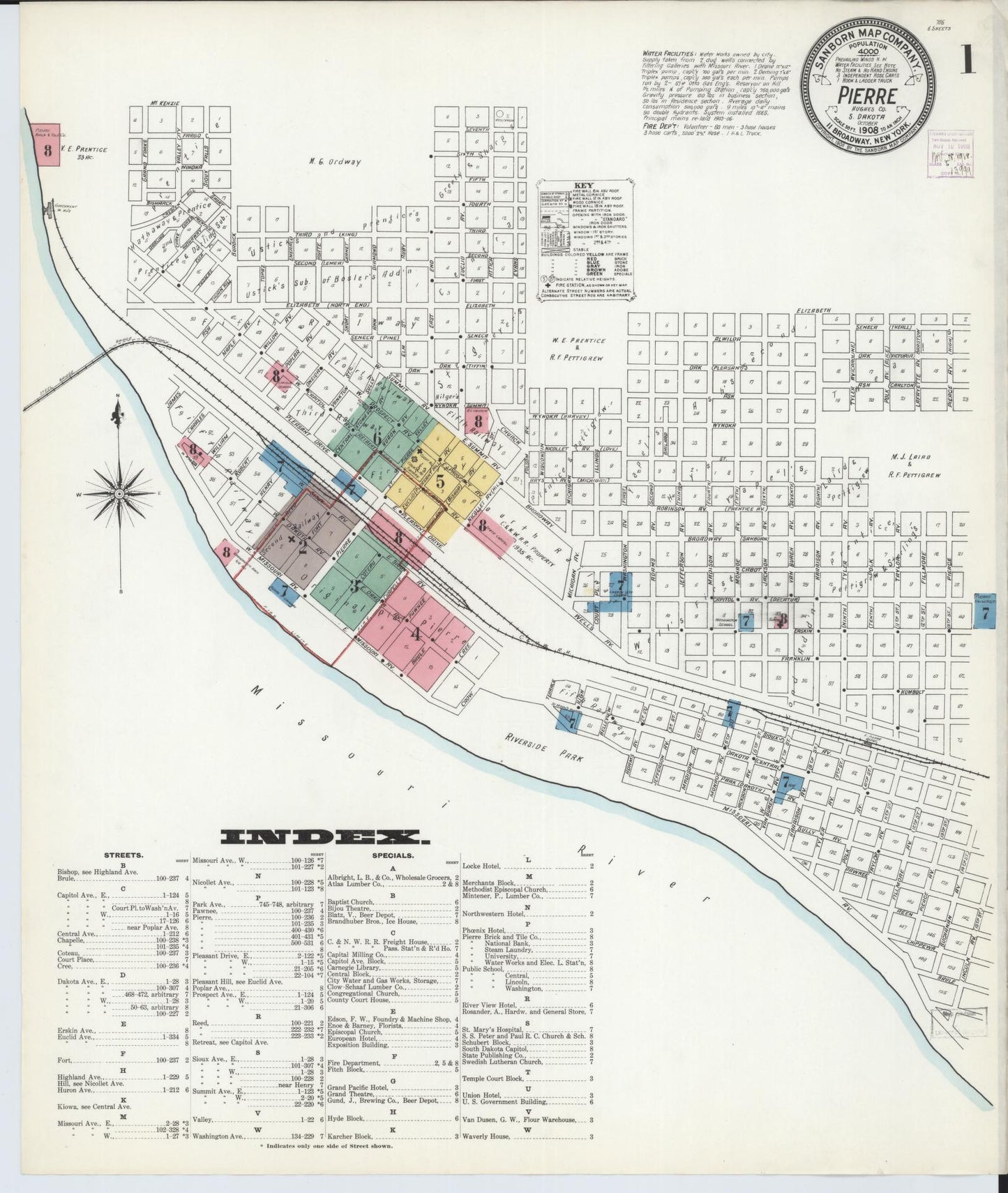 Sanborn Fire Insurance Map from Pierre, Hughes County, South Dakota (1908), Sheet #0001 - Complete Map Set gallery image, historic Sanborn map, vintage wall art, South Dakota South Dakota