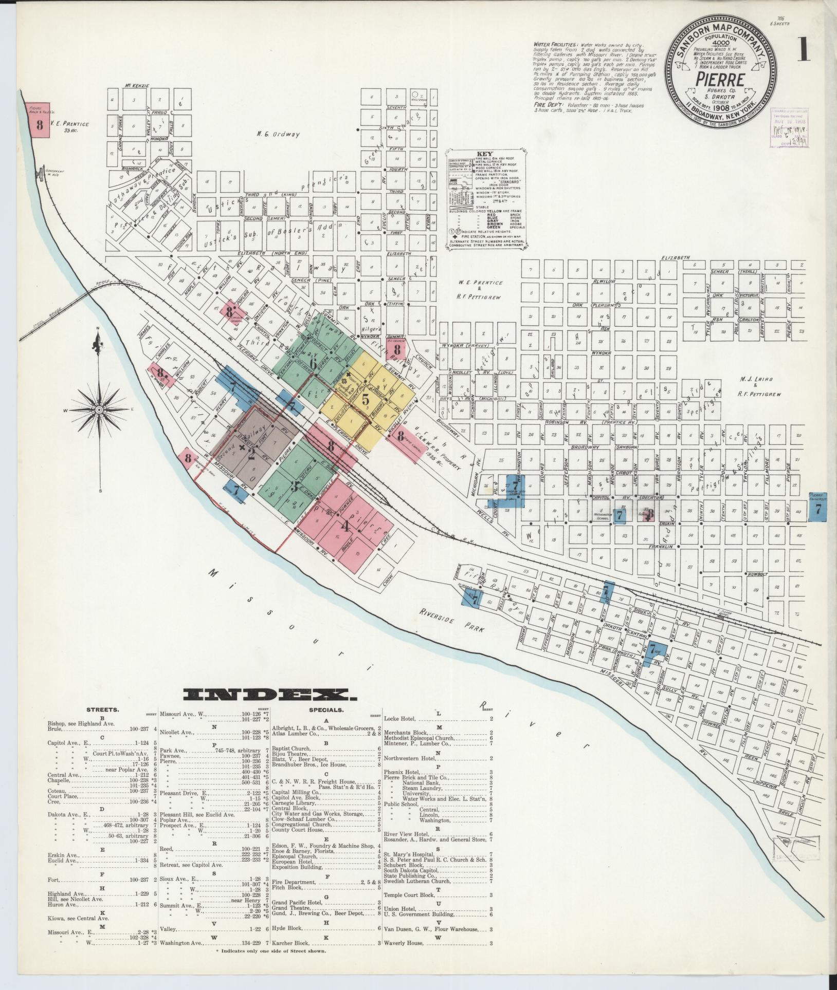 Sanborn Fire Insurance Map from Pierre, Hughes County, South Dakota (1908), Sheet #0001 - Complete Map Set gallery image, historic Sanborn map, vintage wall art, South Dakota South Dakota
