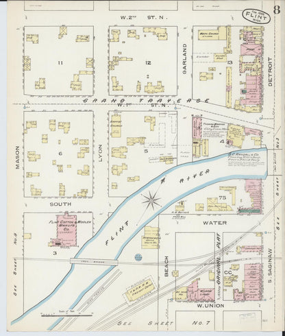 Sanborn Fire Insurance Map from Flint, Genesee County, Michigan (1886), Sheet #0008 - Historic Sanborn Fire Insurance Map Print, vintage old map wall art, antique decor, genealogy gift, Michigan Michigan map