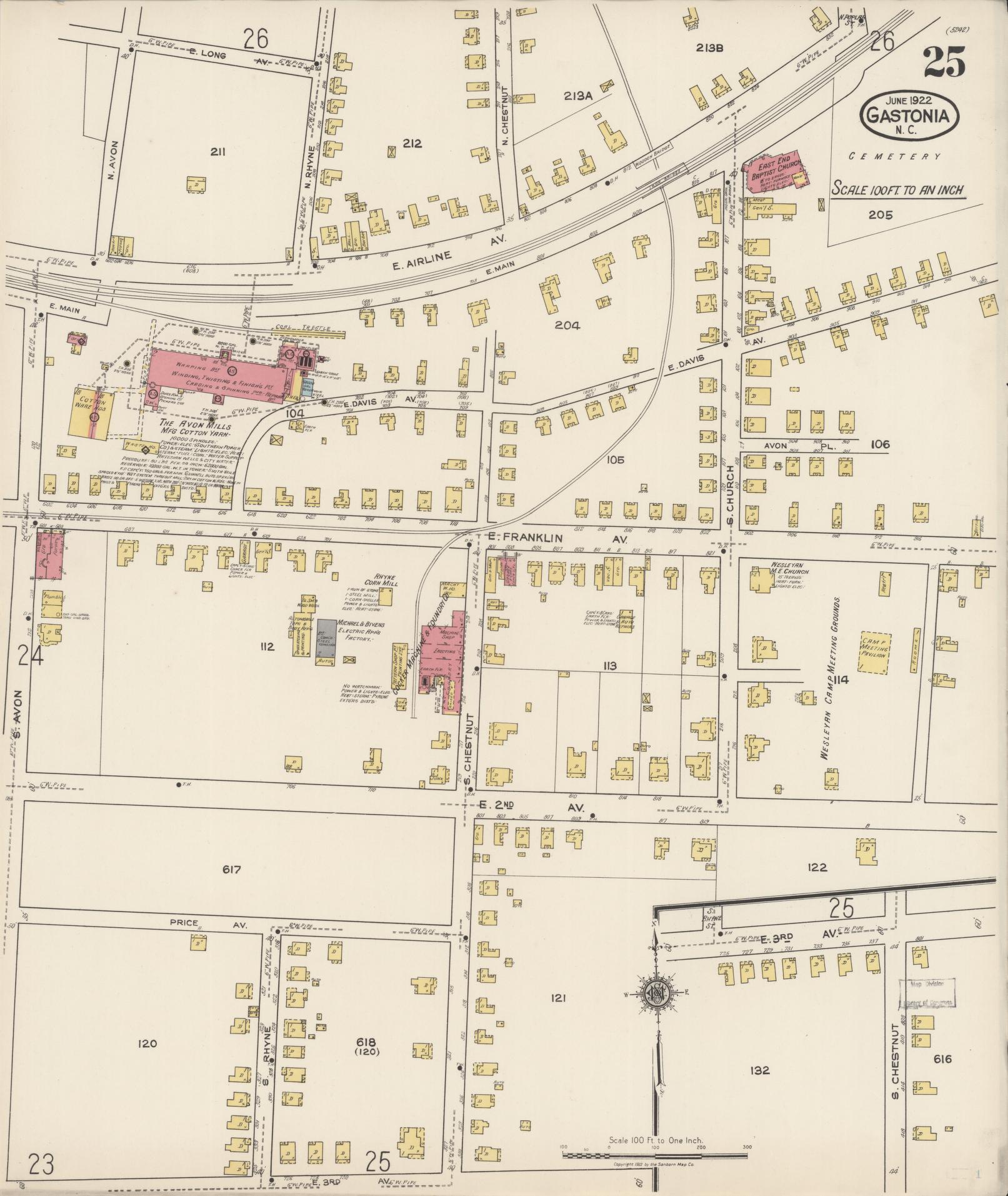 Sanborn Fire Insurance Map from Gastonia, Gaston County, North Carolina (1922), Sheet #0025 - Complete Map Set gallery image, historic Sanborn map, vintage wall art, North Carolina North Carolina