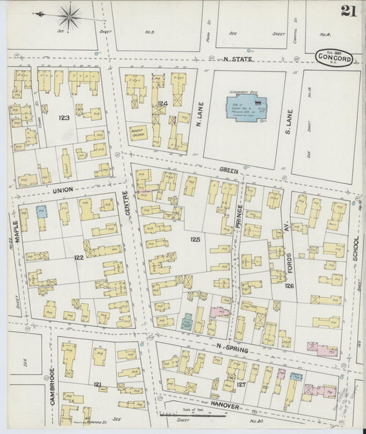 Sanborn Fire Insurance Map from Concord, Merrimack County, New Hampshire (1889), Sheet #0021 - Historic Sanborn Fire Insurance Map Print, vintage old map wall art, antique decor, genealogy gift, New Hampshire New Hampshire map