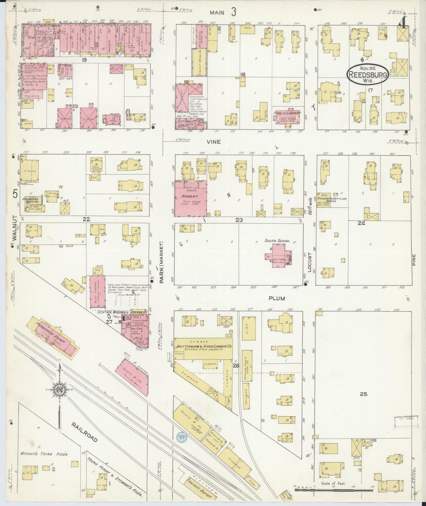 Sanborn Fire Insurance Map from Reedsburg, Sauk County, Wisconsin (1912), Sheet #0004 - Complete Map Set gallery image, historic Sanborn map, vintage wall art, Wisconsin Wisconsin
