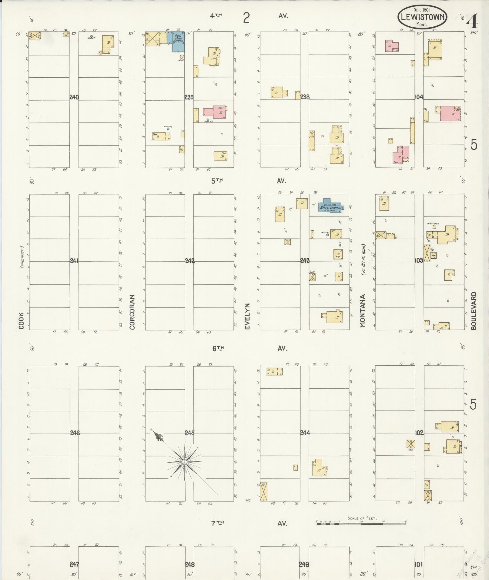 Sanborn Fire Insurance Map from Lewistown, Fergus County, Montana (1901), Sheet #0004 - Historic Sanborn Fire Insurance Map Print, vintage old map wall art, antique decor, genealogy gift, Montana Montana map
