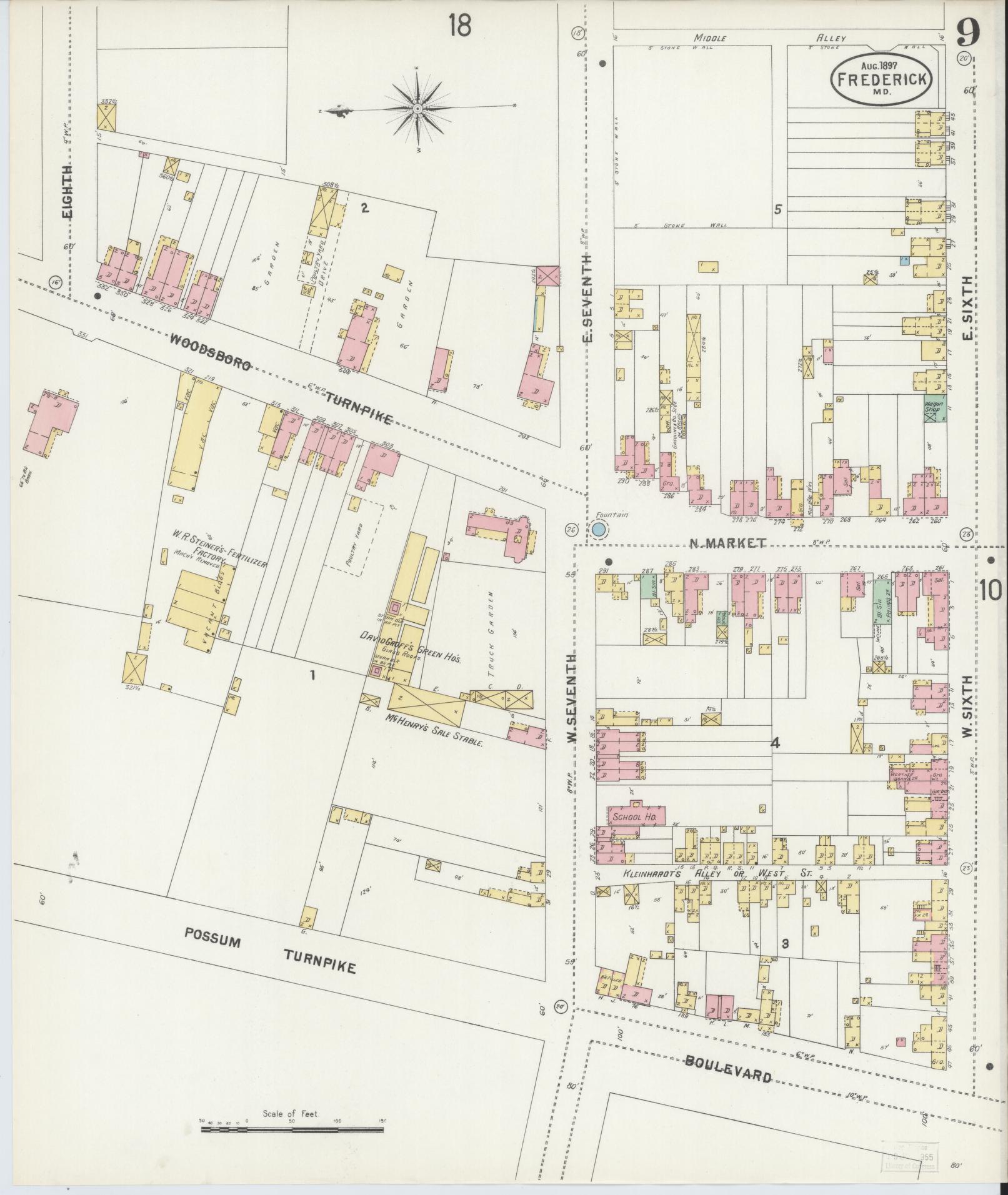 Frederick, Maryland - 1897 - Sanborn Fire Insurance Map, Sheet #0009 - Historic Sanborn Fire Insurance Map Print, Frederick Maryland 1897 0009 vintage old map wall art