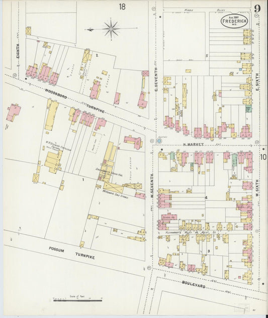Frederick, Maryland - 1897 - Sanborn Fire Insurance Map, Sheet #0009 - Historic Sanborn Fire Insurance Map Print, Frederick Maryland 1897 0009 vintage old map wall art
