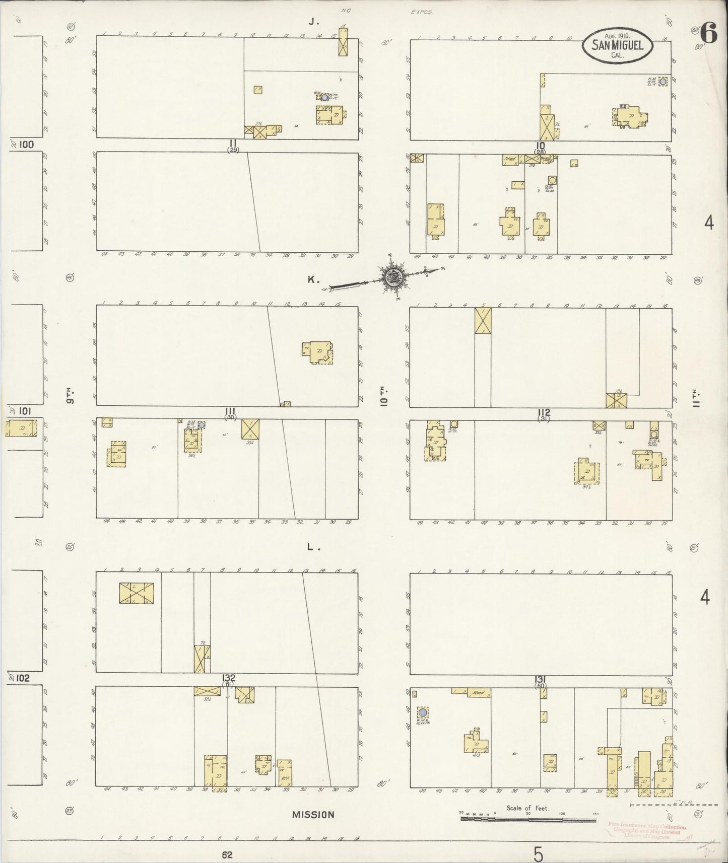 Sanborn Fire Insurance Map from San Miguel, San Luis Obispo County, California (1910), Sheet #0006 - Complete Map Set gallery image, historic Sanborn map, vintage wall art, California California