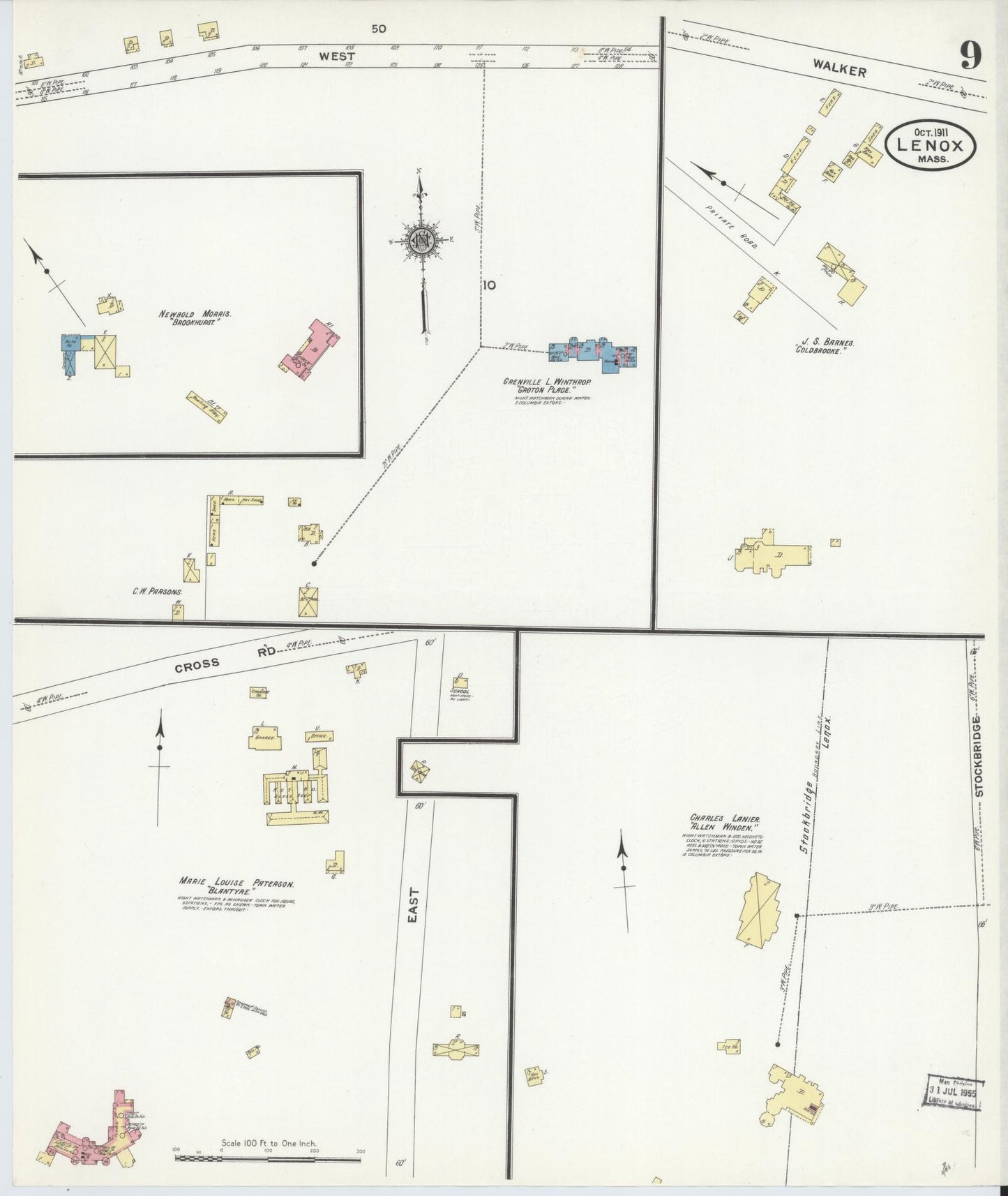 Sanborn Fire Insurance Map from Lenox, Berkshire County, Massachusetts (1911), Sheet #0009 - Historic Sanborn Fire Insurance Map Print, vintage old map wall art, antique decor, genealogy gift, Massachusetts Massachusetts map