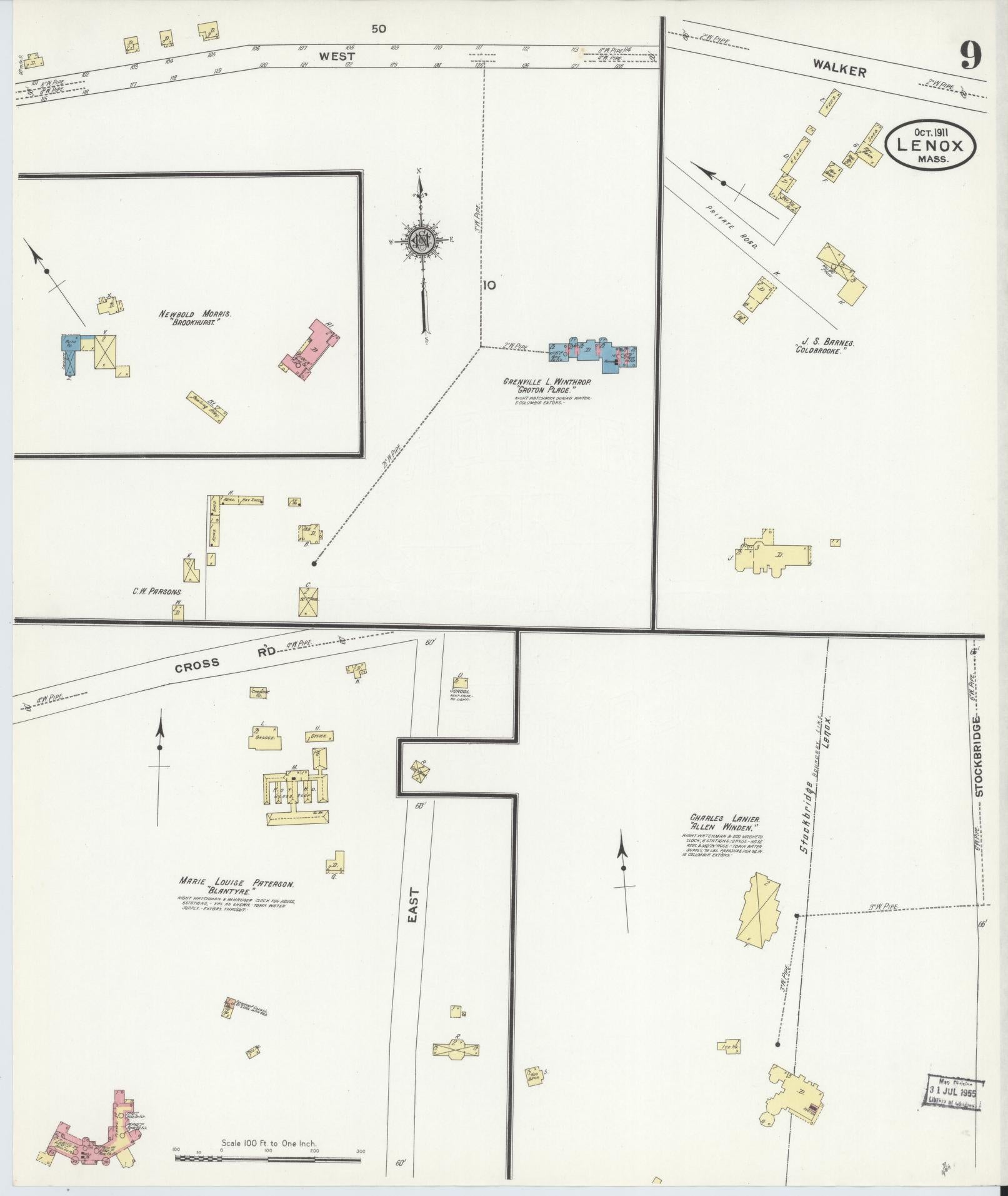 Sanborn Fire Insurance Map from Lenox, Berkshire County, Massachusetts (1911), Sheet #0009 - Historic Sanborn Fire Insurance Map Print, vintage old map wall art, antique decor, genealogy gift, Massachusetts Massachusetts map