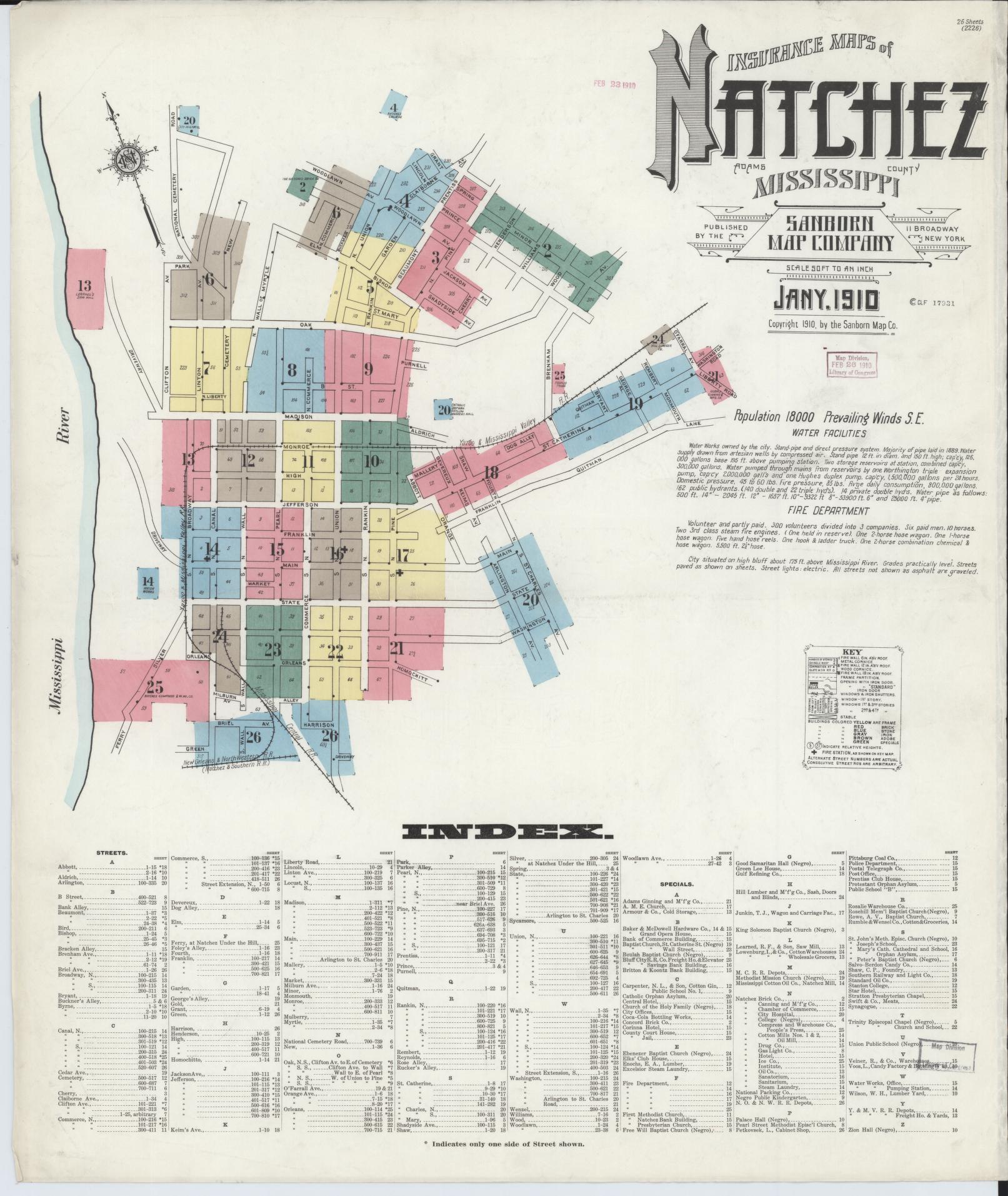Sanborn Fire Insurance Map from Natchez, Adams County, Mississippi (1910), Sheet #0001 - Complete Map Set gallery image, historic Sanborn map, vintage wall art, Mississippi Mississippi
