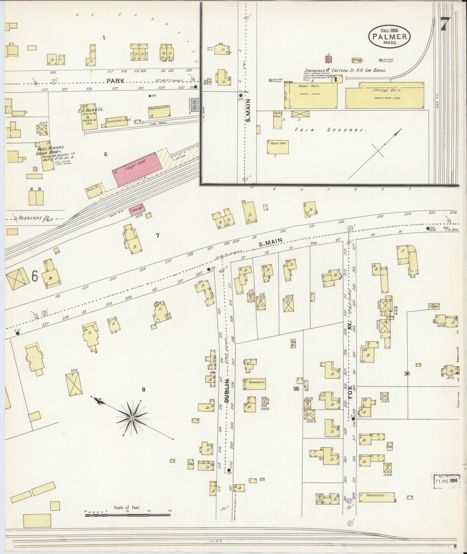 Sanborn Fire Insurance Map from Palmer, Hampden County, Massachusetts (1906), Sheet #0007 - Historic Sanborn Fire Insurance Map Print, vintage old map wall art, antique decor, genealogy gift, Massachusetts Massachusetts map