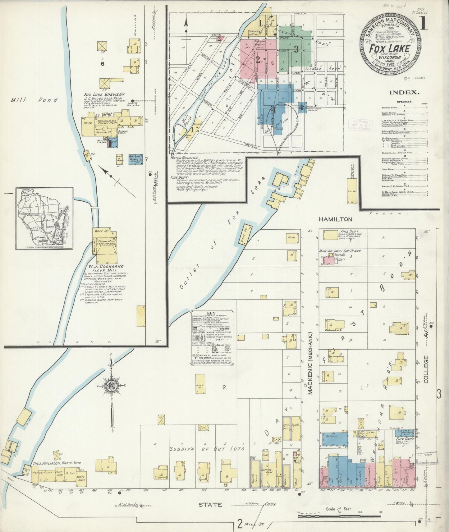 Sanborn Fire Insurance Map from Fox Lake, Dodge County, Wisconsin (1913), Sheet #0001 - Historic Sanborn Fire Insurance Map Print, vintage old map wall art, antique decor, genealogy gift, Wisconsin Wisconsin map