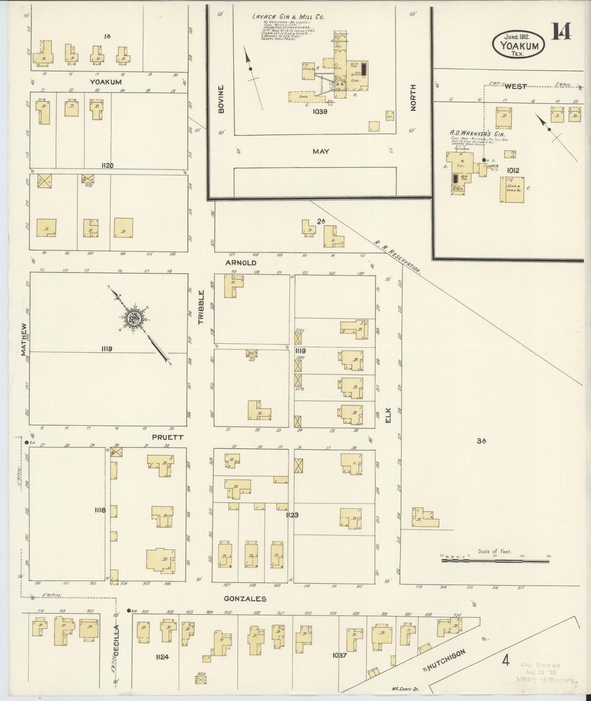 Sanborn Fire Insurance Map from Yoakum, De Witt And Lavaca Counties, Texas (1912), Sheet #0014 - Complete Map Set gallery image, historic Sanborn map, vintage wall art, Texas Texas