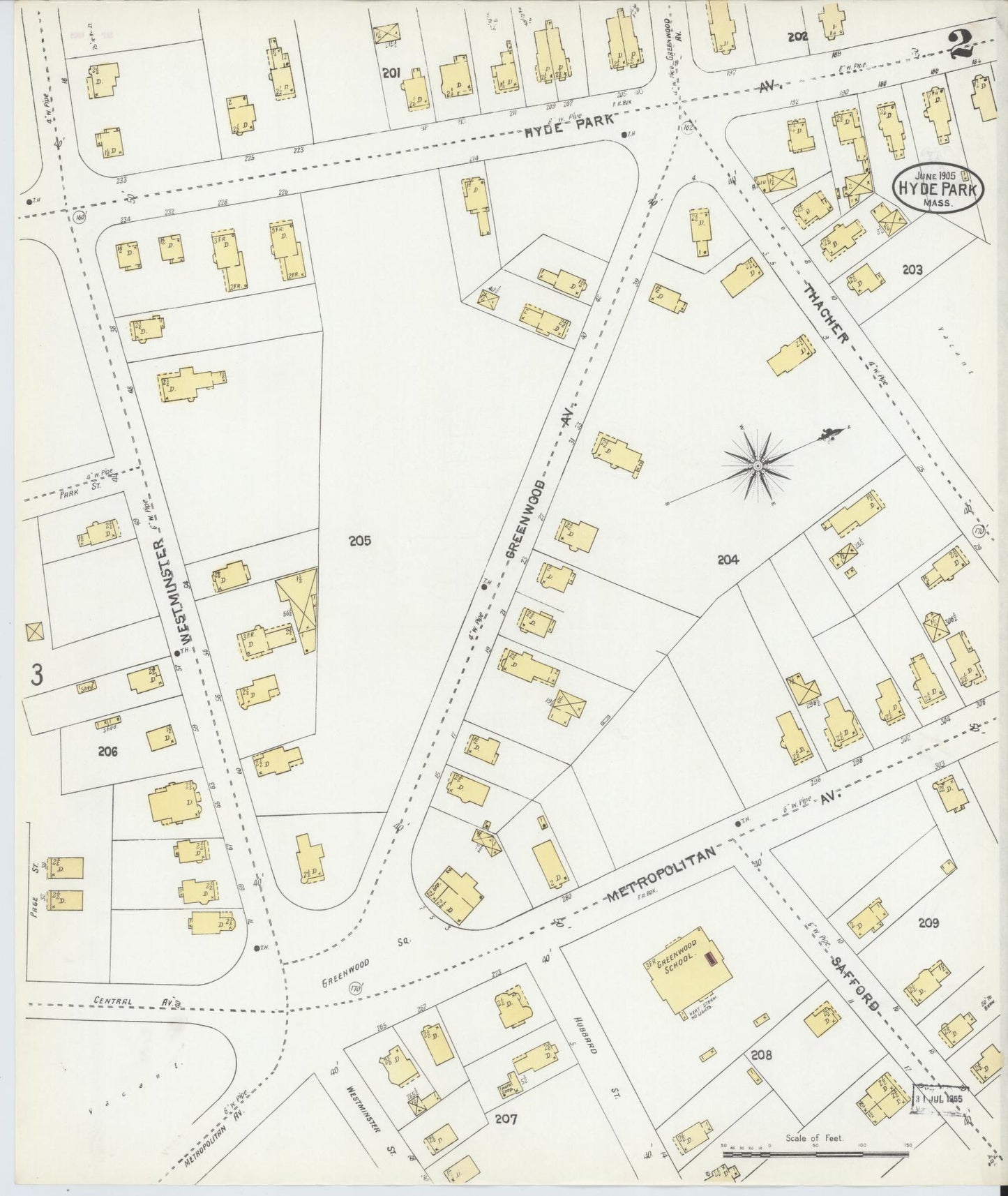 Sanborn Fire Insurance Map from Hyde Park, Norfolk County, Massachusetts (1905), Sheet #0002 - Historic Sanborn Fire Insurance Map Print, vintage old map wall art, antique decor, genealogy gift, Massachusetts Massachusetts map
