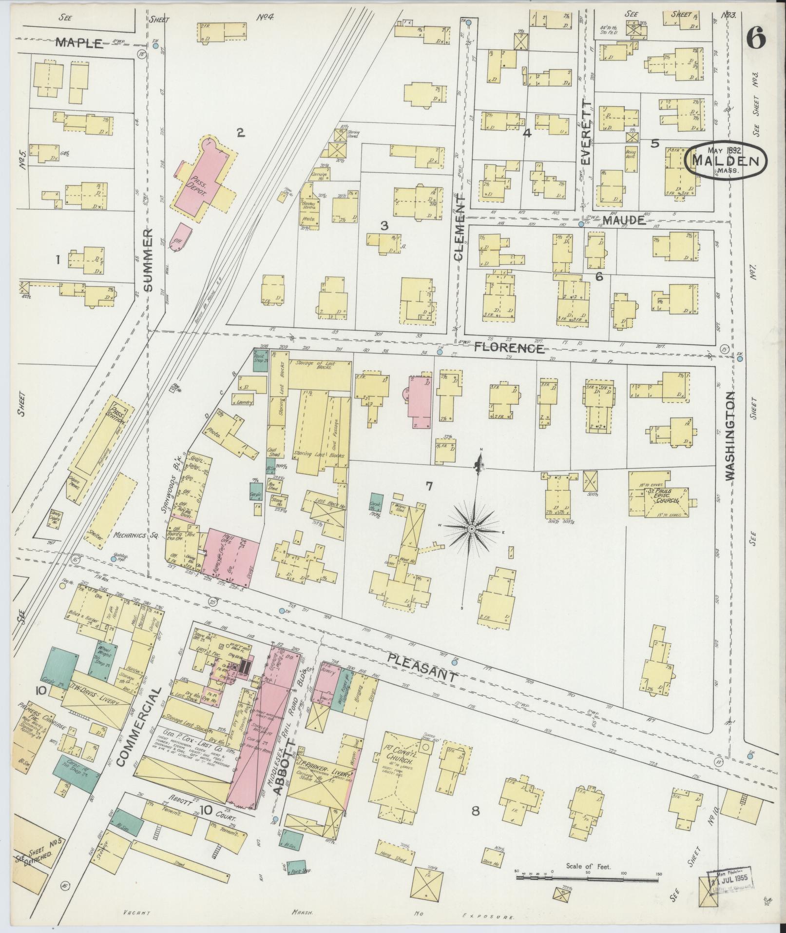 Sanborn Fire Insurance Map from Malden, Middlesex County, Massachusetts (1892), Sheet #0006 - Historic Sanborn Fire Insurance Map Print, vintage old map wall art, antique decor, genealogy gift, Massachusetts Massachusetts map