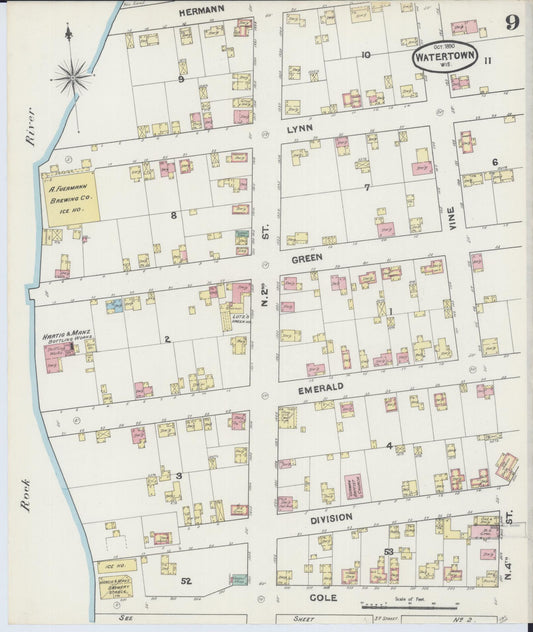 Sanborn Fire Insurance Map from Watertown, Jefferson County, Wisconsin (1890), Sheet #0009 - Historic Sanborn Fire Insurance Map Print, vintage old map wall art, antique decor, genealogy gift, Wisconsin Wisconsin map