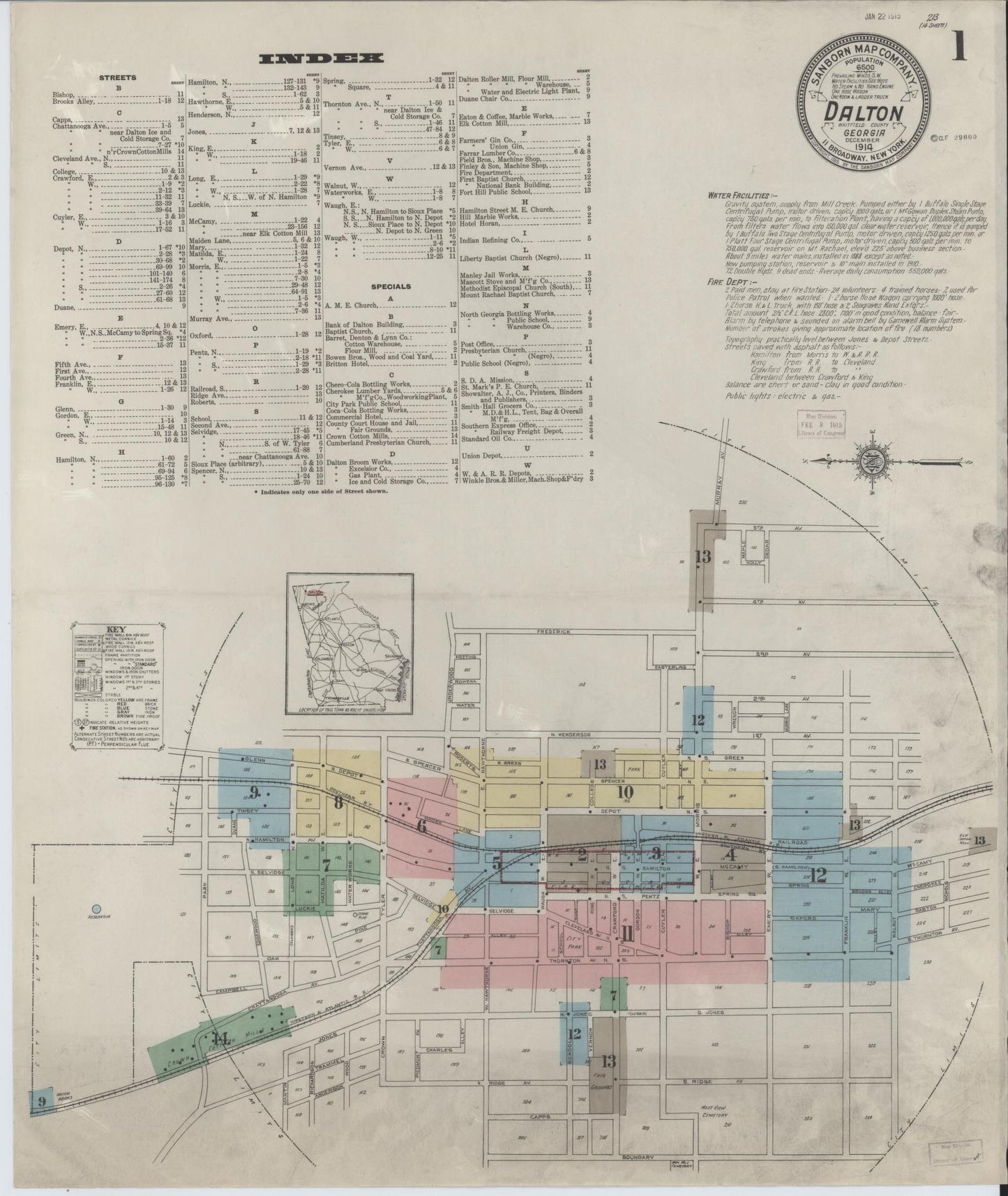 Sanborn Fire Insurance Map from Dalton, Whitfield County, Georgia (1914), Sheet #0001 - Complete Map Set gallery image, historic Sanborn map, vintage wall art, Georgia Georgia
