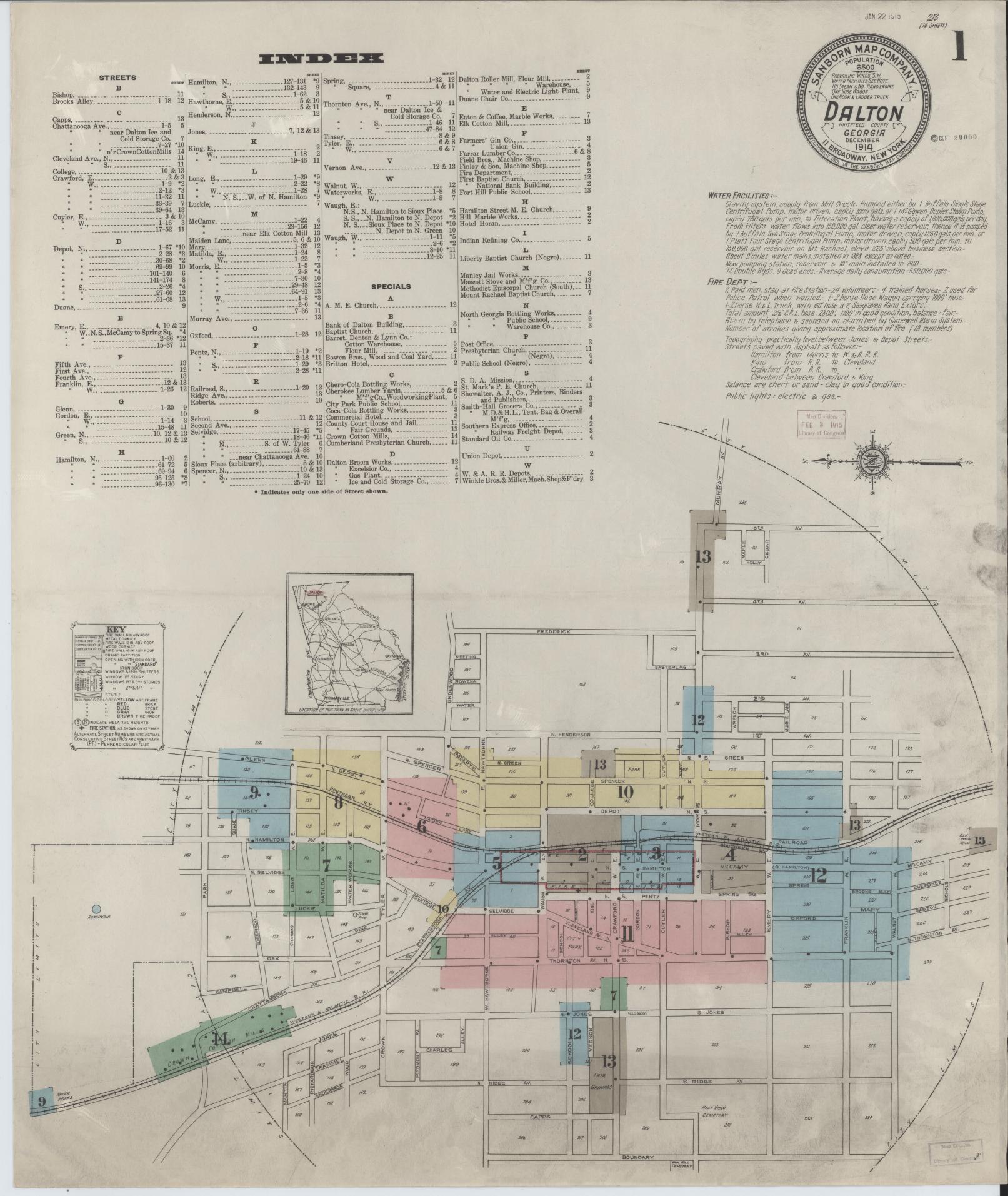 Sanborn Fire Insurance Map from Dalton, Whitfield County, Georgia (1914), Sheet #0001 - Complete Map Set gallery image, historic Sanborn map, vintage wall art, Georgia Georgia