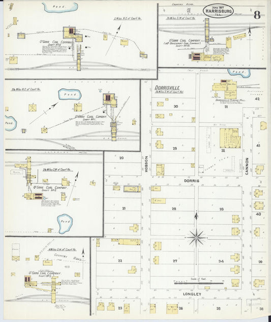 Sanborn Fire Insurance Map from Harrisburg, Saline County, Illinois (1907), Sheet #0008 - Historic Sanborn Fire Insurance Map Print, vintage old map wall art, antique decor, genealogy gift, Illinois Illinois map