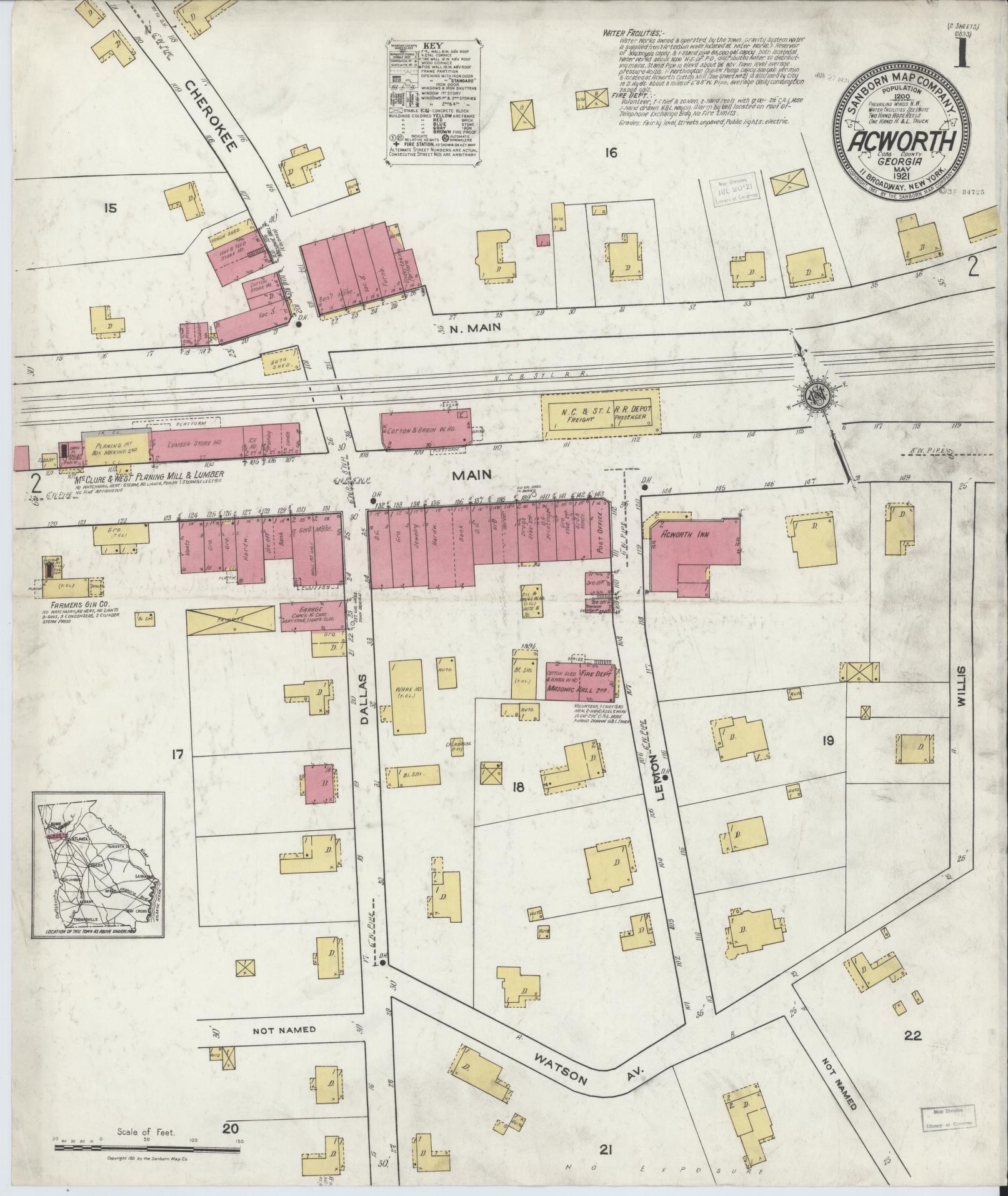 Sanborn Fire Insurance Map from Acworth, Cobb County, Georgia. (1921) – Historic Sanborn Fire Insurance Map Print
