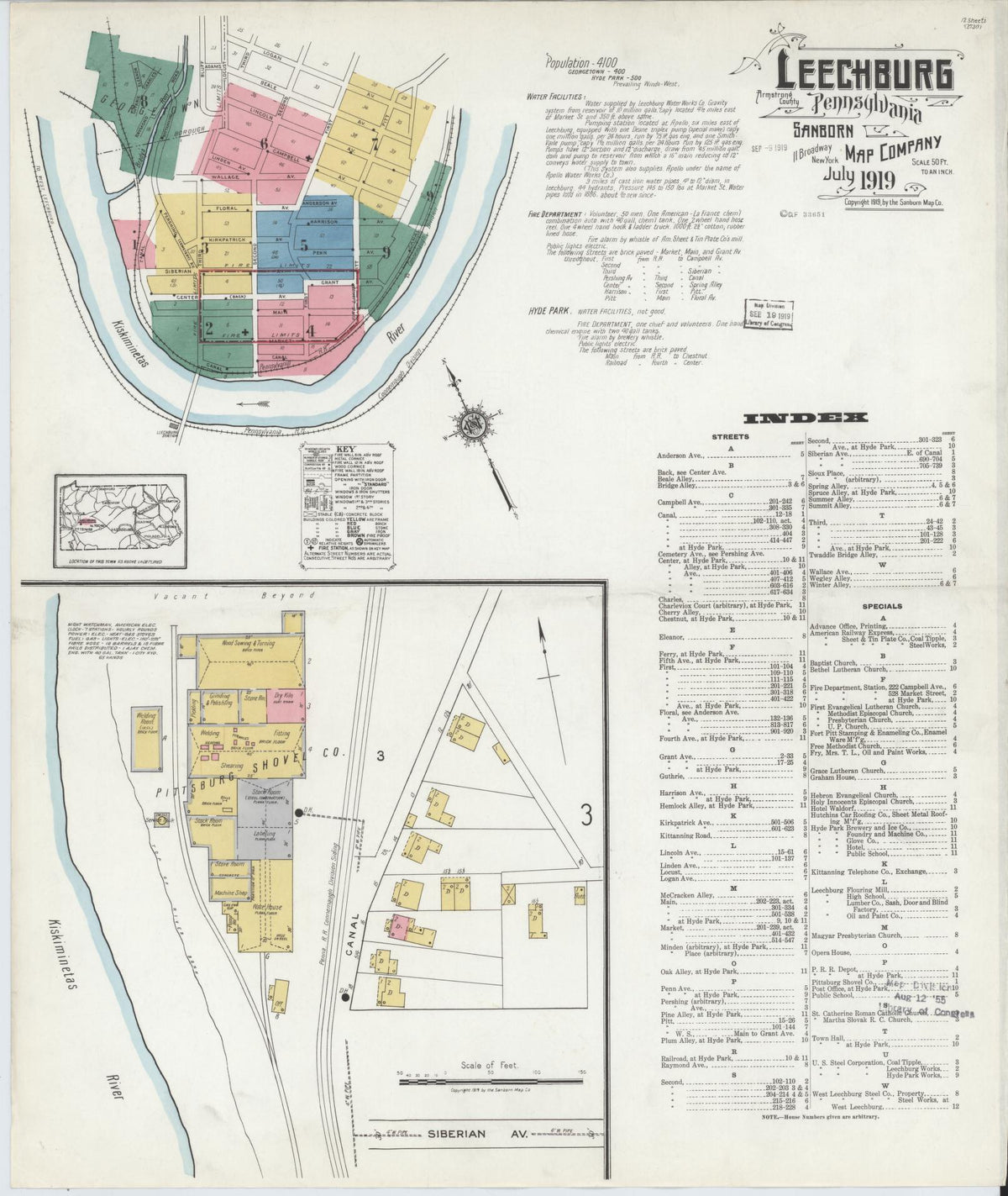 Sanborn Fire Insurance Map from Leechburg, Armstrong County, Pennsylvania (1919), Sheet #0001 - Historic Sanborn Fire Insurance Map Print, vintage old map wall art, antique decor, genealogy gift, Pennsylvania Pennsylvania map