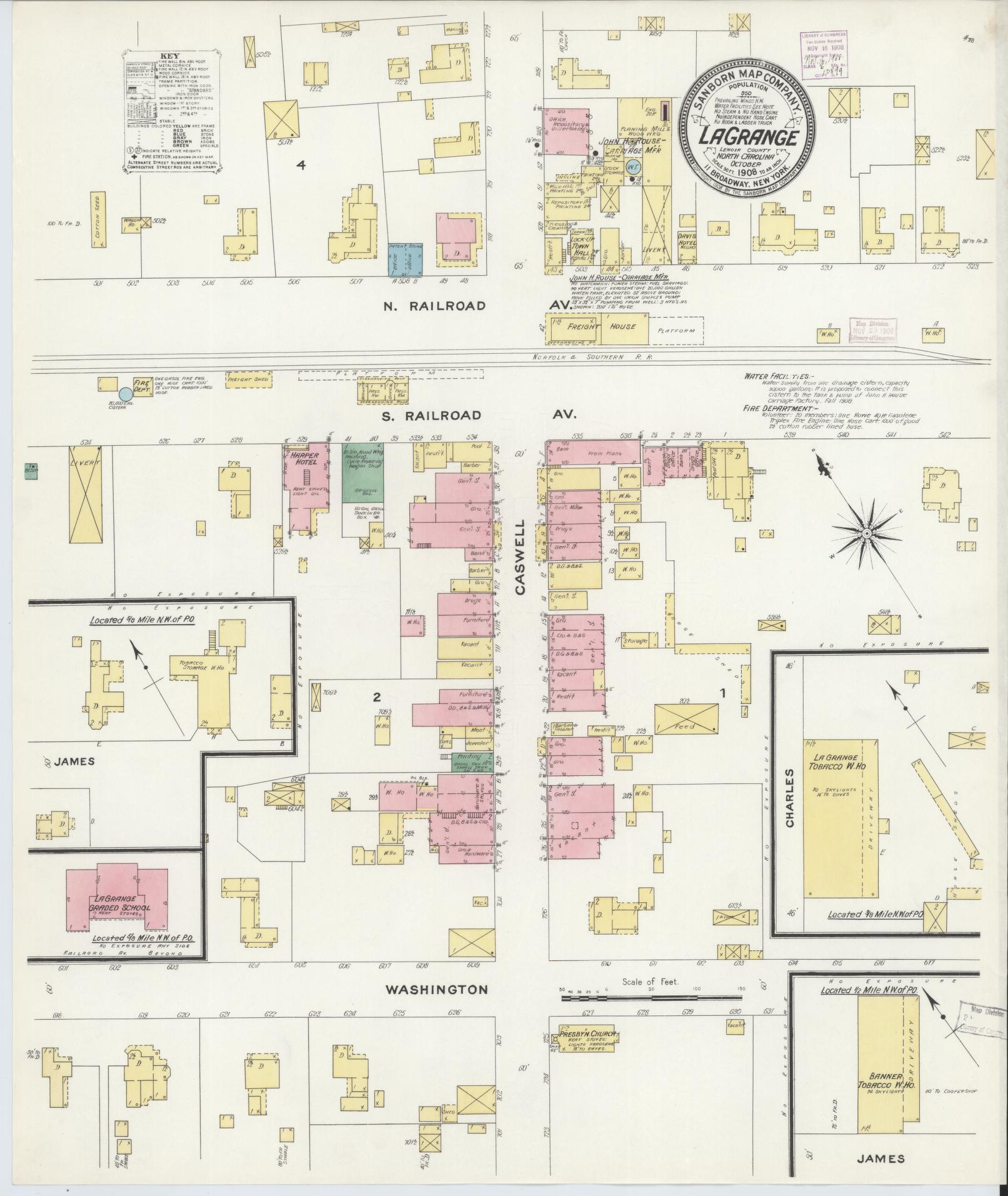 Sanborn Fire Insurance Map from La Grange, Lenoir County, North Carolina (1908), Sheet #0001 - Historic Sanborn Fire Insurance Map Print, vintage old map wall art, antique decor, genealogy gift, North Carolina North Carolina map