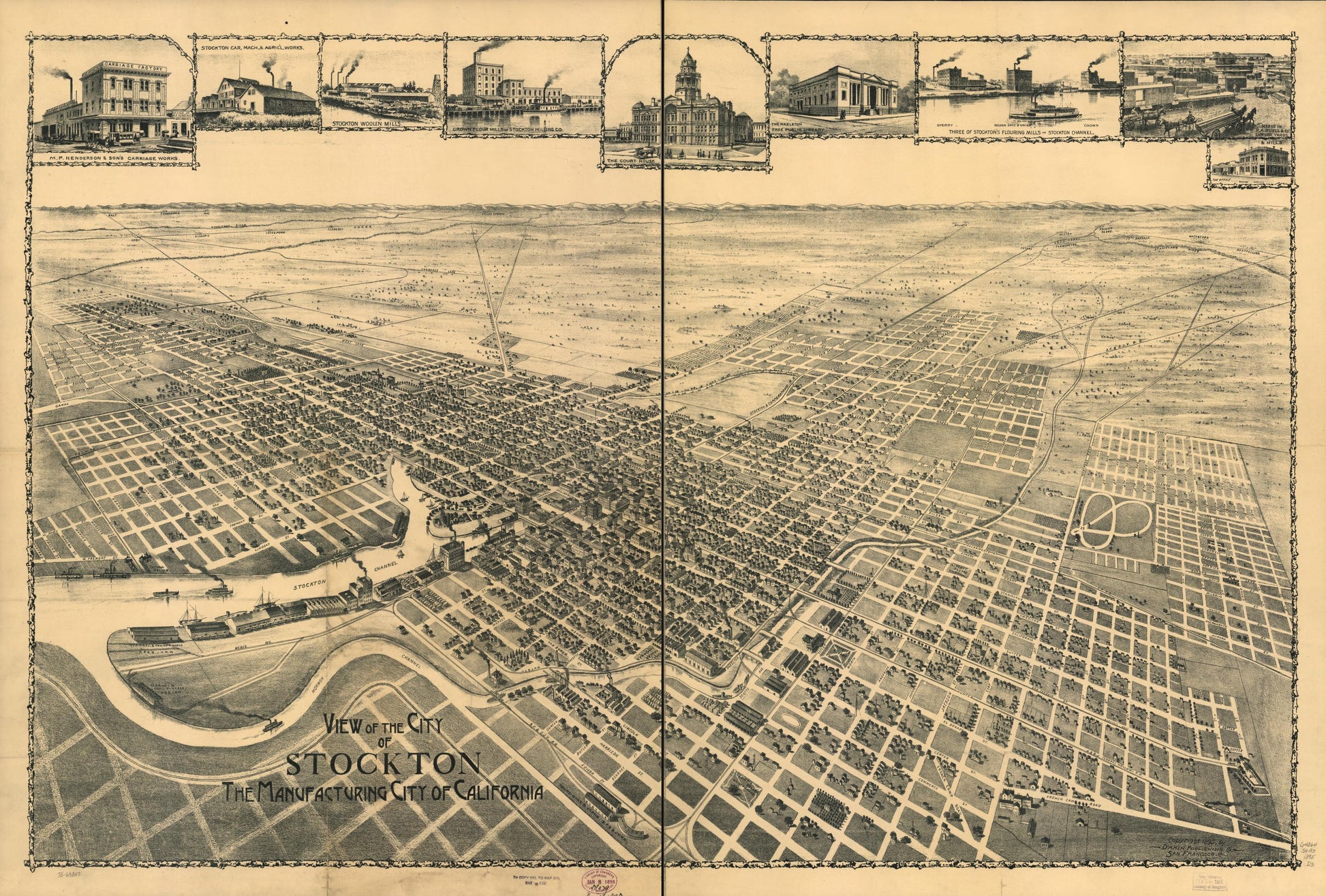 View of city of Stockton, the Manufacturing City of California. (1895) – Historic Bird’s-Eye View Panorama Print