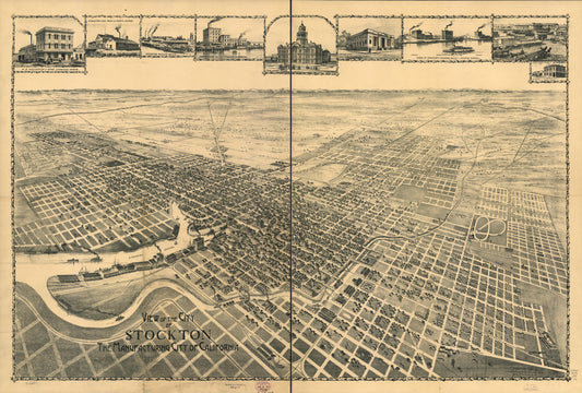 View of city of Stockton, the Manufacturing City of California. (1895) – Historic Bird’s-Eye View Panorama Print