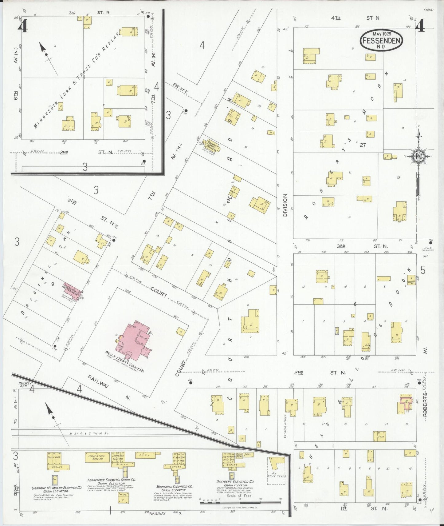 Sanborn Fire Insurance Map from Fessenden, Wells County, North Dakota (1929), Sheet #0004 - Historic Sanborn Fire Insurance Map Print, vintage old map wall art, antique decor, genealogy gift, North Dakota North Dakota map
