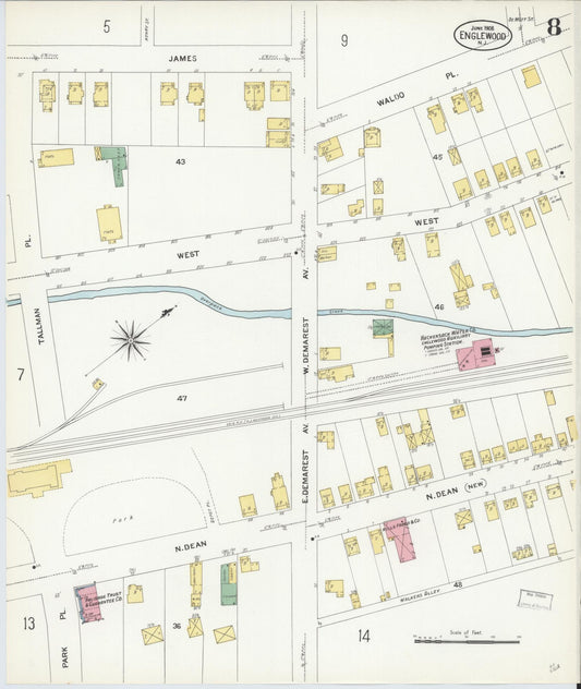 Sanborn Fire Insurance Map from Englewood, Bergen County, New Jersey (1908), Sheet #0008 - Historic Sanborn Fire Insurance Map Print, vintage old map wall art, antique decor, genealogy gift, New Jersey New Jersey map
