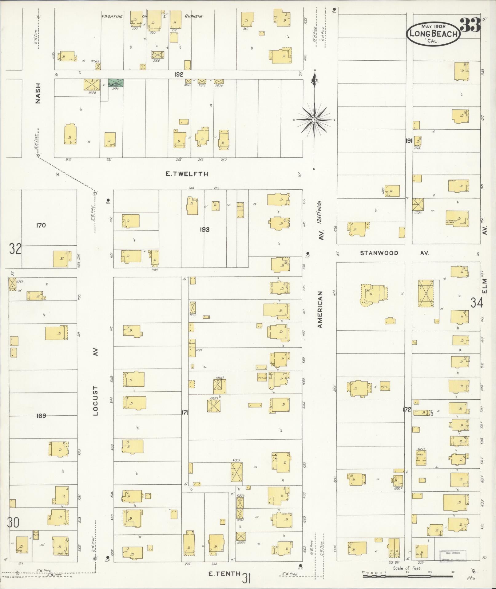 Sanborn Fire Insurance Map from Long Beach, Los Angeles County, California (1908), Sheet #0033 - Historic Sanborn Fire Insurance Map Print, vintage old map wall art, antique decor, genealogy gift, California California map
