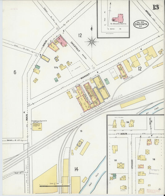 Sanborn Fire Insurance Map from Oneonta, Otsego County, New York (1905), Sheet #0013 - Historic Sanborn Fire Insurance Map Print, vintage old map wall art, antique decor, genealogy gift, New York New York map