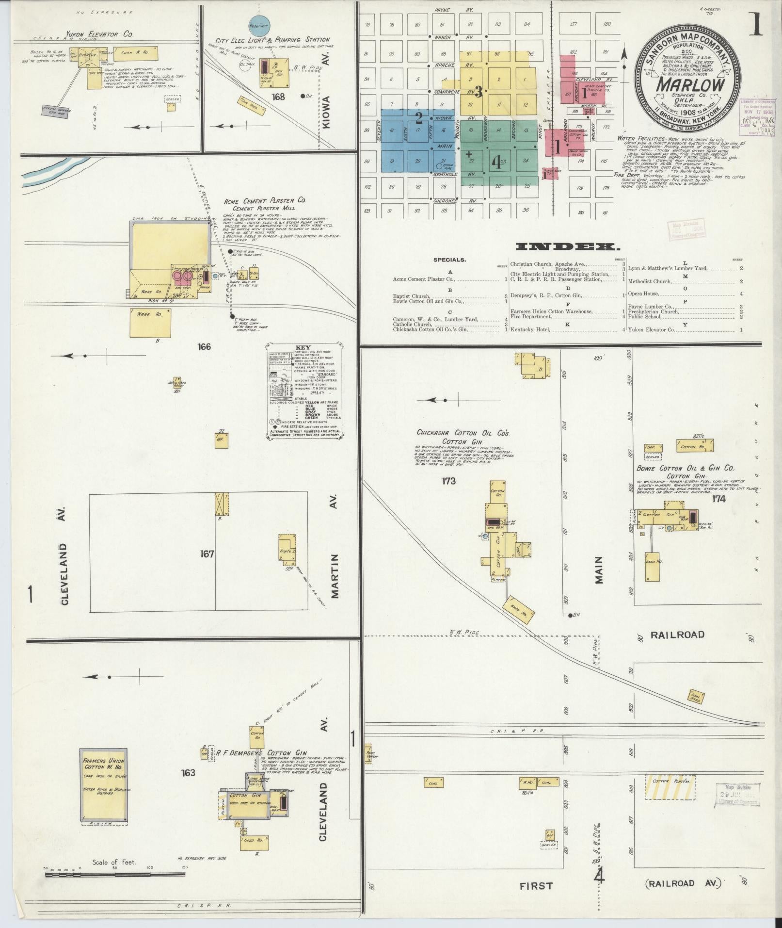 Sanborn Fire Insurance Map from Marlow, Stephens County, Oklahoma (1908), Sheet #0001 - Historic Sanborn Fire Insurance Map Print, vintage old map wall art, antique decor, genealogy gift, Oklahoma Oklahoma map
