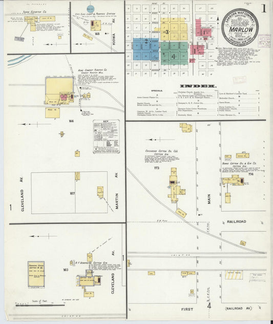 Sanborn Fire Insurance Map from Marlow, Stephens County, Oklahoma (1908), Sheet #0001 - Historic Sanborn Fire Insurance Map Print, vintage old map wall art, antique decor, genealogy gift, Oklahoma Oklahoma map