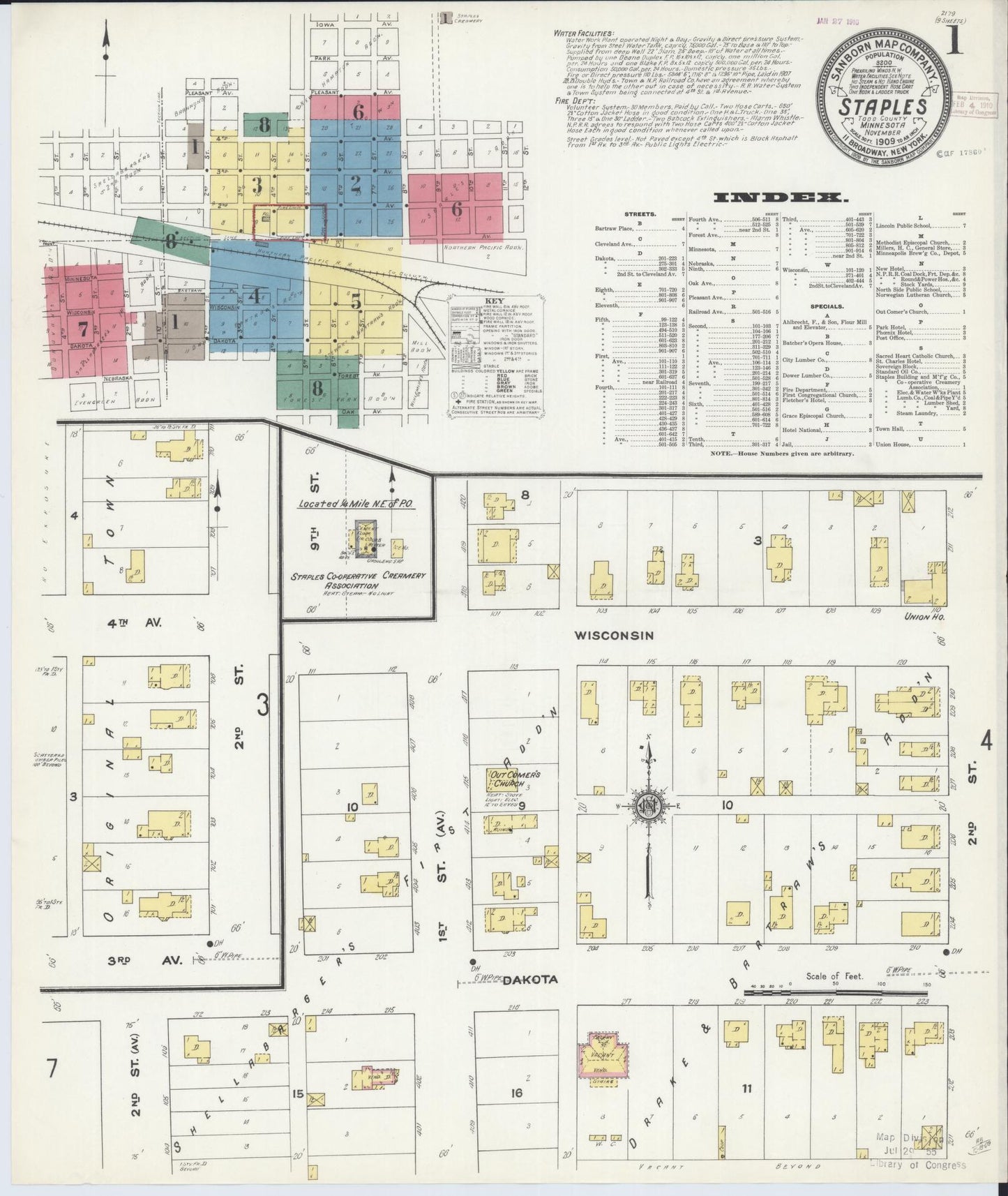 Sanborn Fire Insurance Map from Staples, Todd County, Minnesota (1909), Sheet #0001 - Complete Map Set gallery image, historic Sanborn map, vintage wall art, Minnesota Minnesota