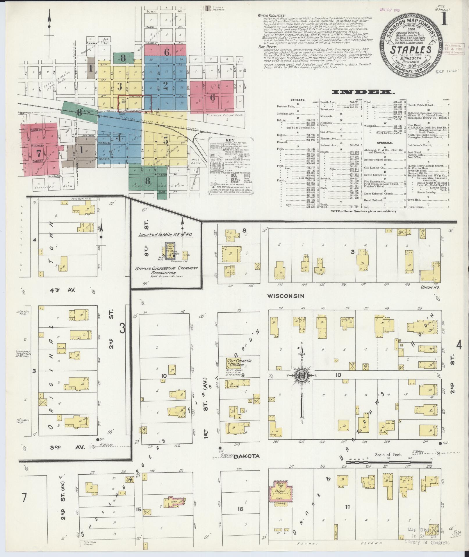 Sanborn Fire Insurance Map from Staples, Todd County, Minnesota (1909), Sheet #0001 - Complete Map Set gallery image, historic Sanborn map, vintage wall art, Minnesota Minnesota